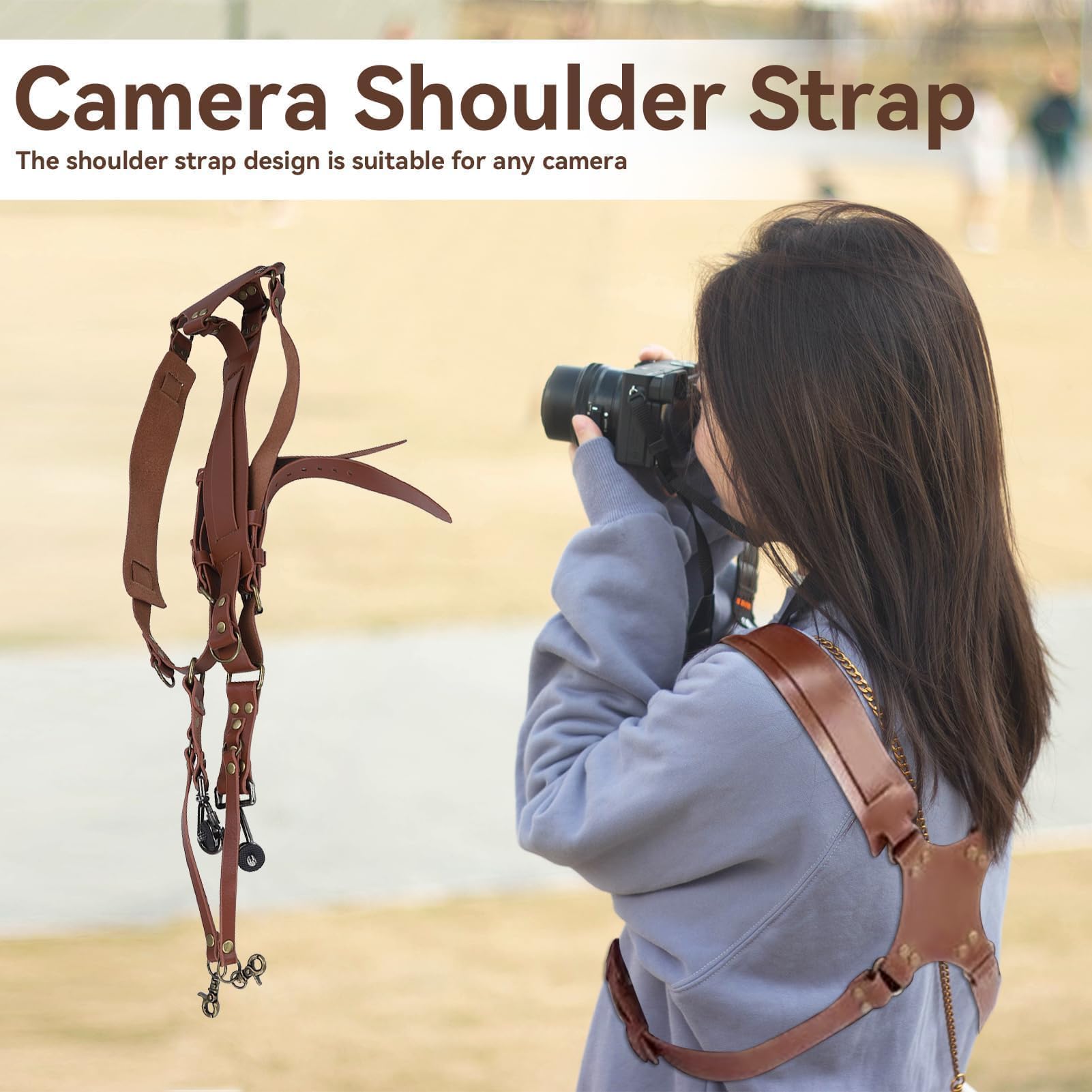 HERCHR Kameragurt für Zwei Kameras, Dual-Schulter-Lederriemen, Vintage Multi Gear-Kameragurt für DSLR/SLR-Universal-Gurt für Frauen/Männer(braun)