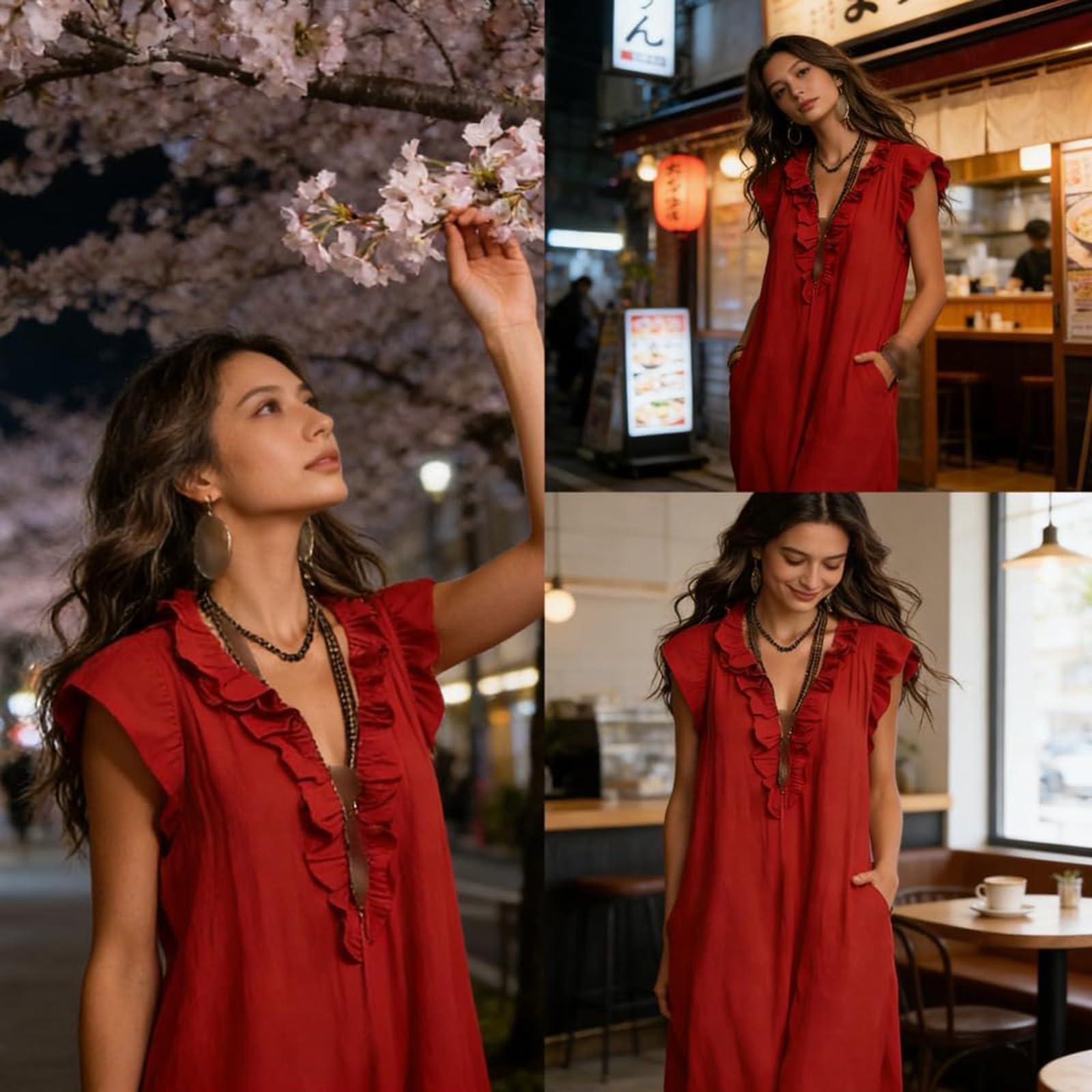 Robe sans manches – Robe longue d'été pour femme, col en V, couleur unie, plissée, épaules à volants, robe fraîche et respirante, robe décontractée, style bohème pour les vacances