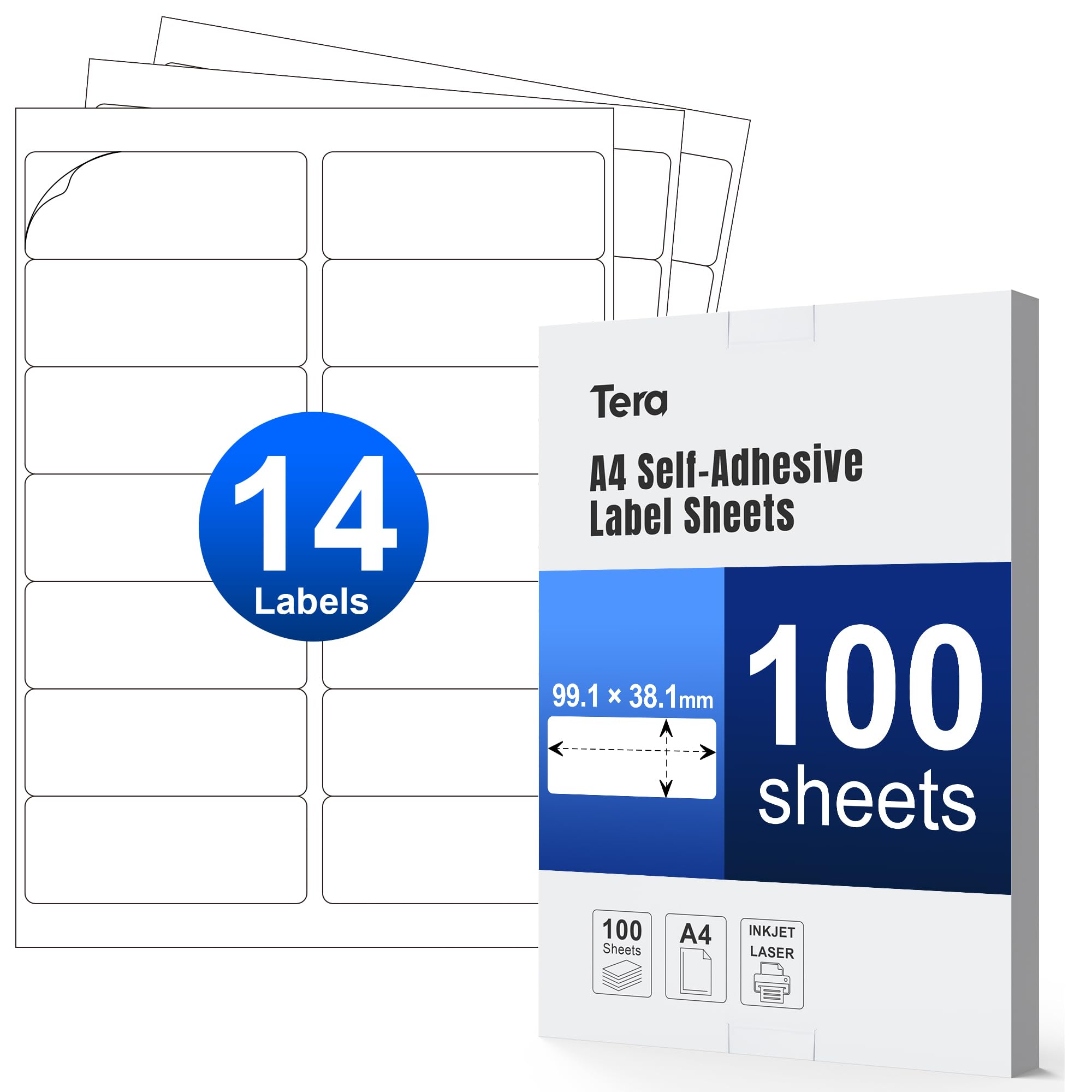 Tera A4 Address Shipping Stickers Labels: 99.1 x 38.1mm 14 Label Per Sheet 100 Sheets Self Adhesive Blank White Labels for Laser Inkjet Printers Handwriting Friendly Waterproof for Office Business Use