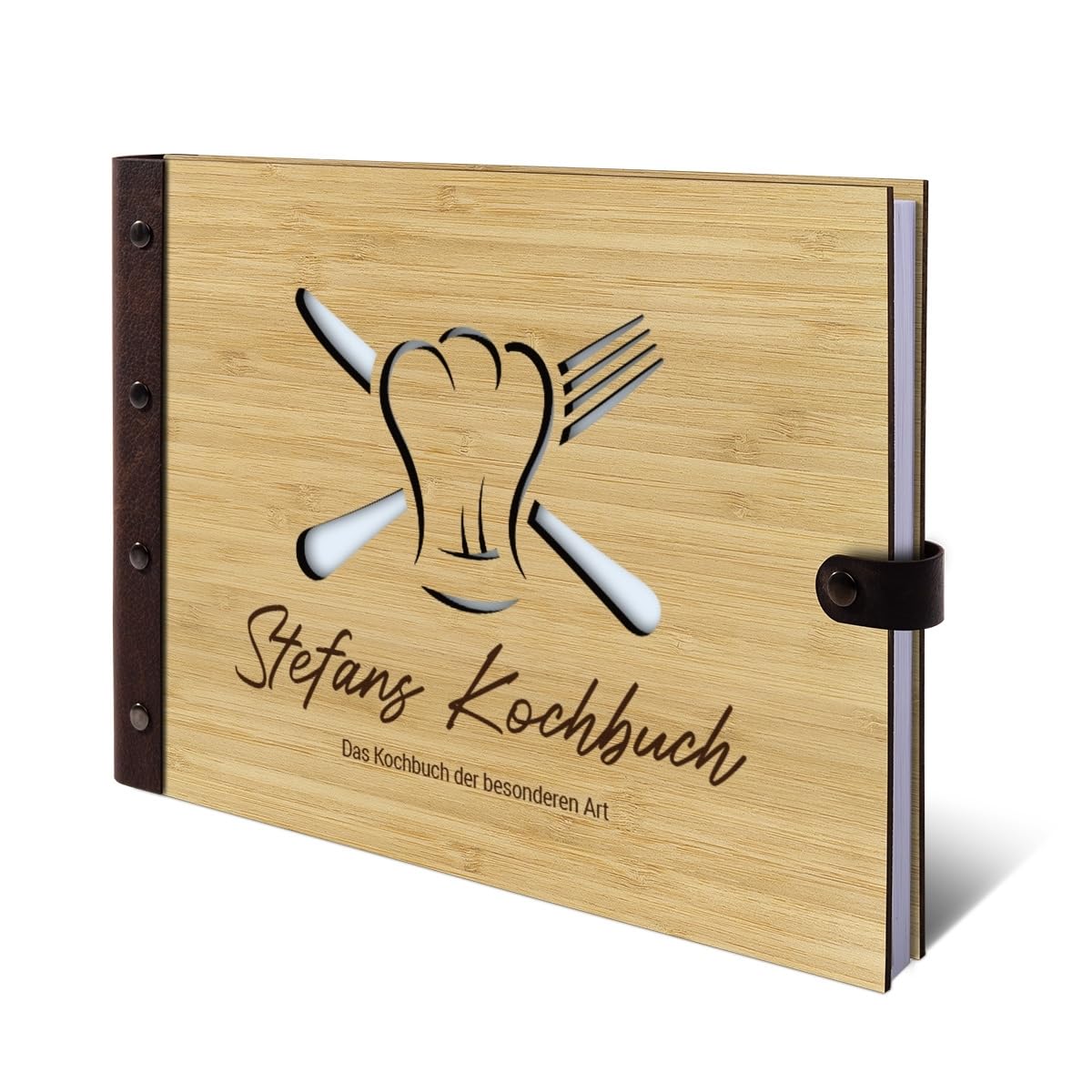 Personalisiertes Kochbuch echtes Holz DIN A4 Rezeptbuch zum selber Ausfüllen mit Lasergravur - Kochmütze - mit 72 Blatt / 144 Seiten Naturpapier Weiß