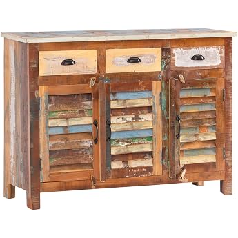Woodkings  Wakefield Sideboard 3 Doors Recycled Solid Antique Wood Sideboard Vintage Design Chest of Drawers 3 Drawers Exclusive Cheap 120 cm