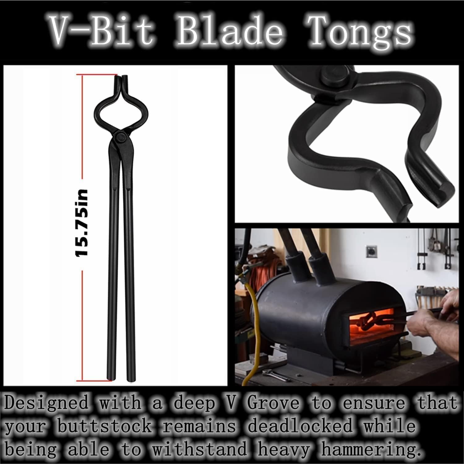 Knife Making Tongs Set Blacksmith Bladesmith Tong Anvil Forge -Wolf Jaw Tongs & Flat & Blade & V-Bit Blade & Square Jaw Tongs (5 Pcs)