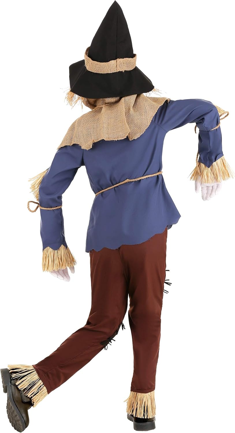 Kids Patchwork Scarecrow Costume, Scarecrow With Shirt & Attached Belt, Pants, Hat, And Hood With Connected Neck Tie