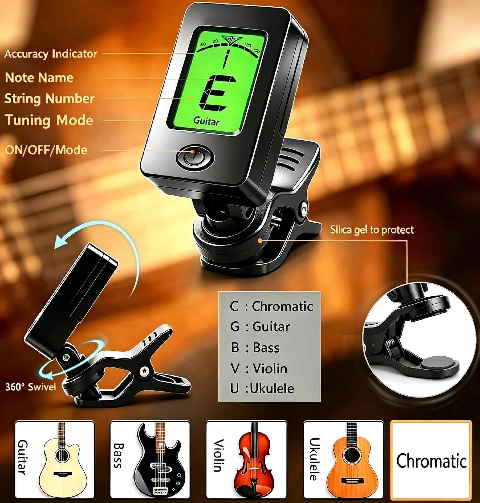 Gitarren-Stimmgerät zum Anklippen, für alle Instrumente, Gitarre, Bass, Ukulele, Violine, Banjo, Stimmgerät (Stimmgerät, 100 Stück)
