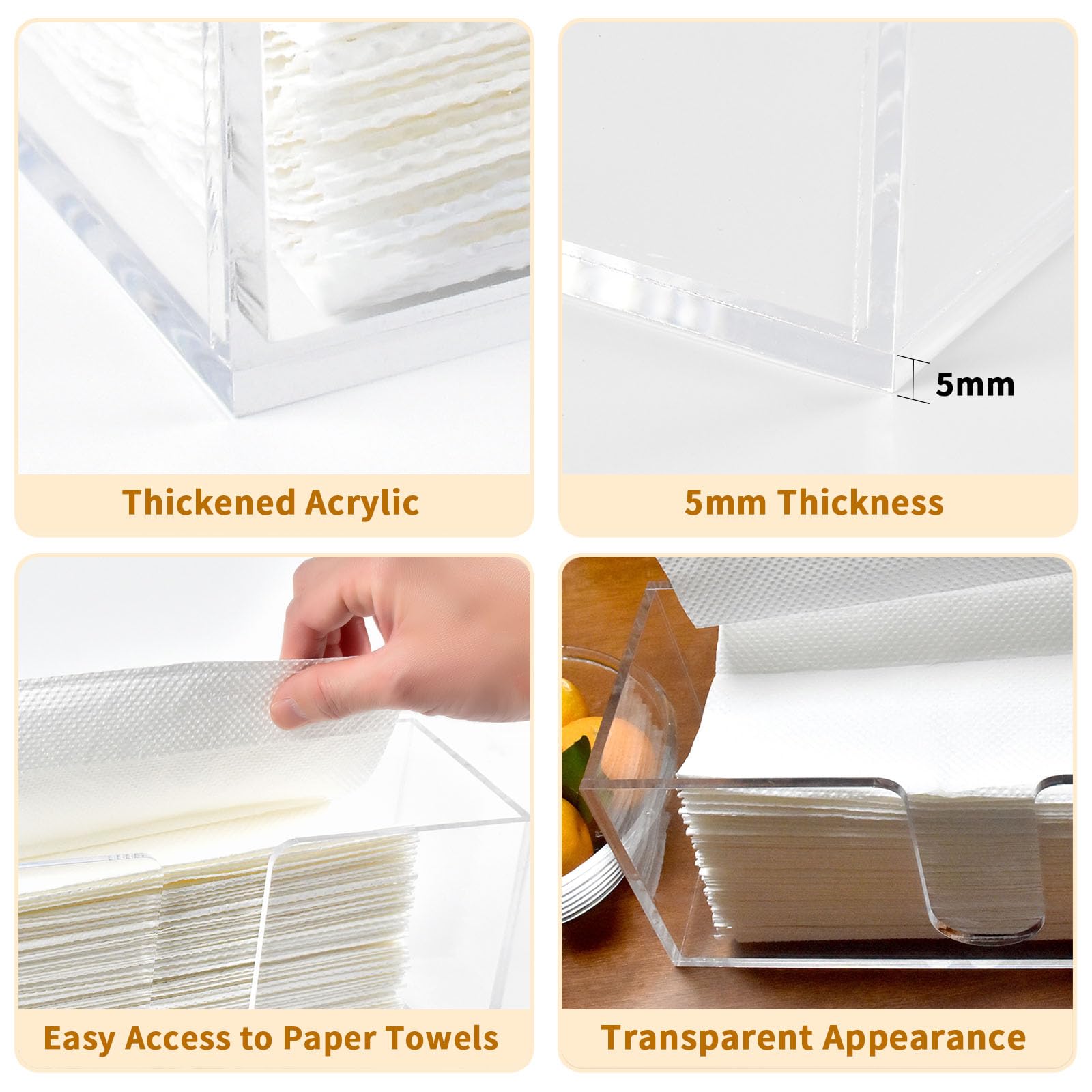 Paquete de 4 soportes acrílicos para toallas de papel, dispensador de toallas de papel para encimera/servilletero acrílico (acrílico de 5 mm), toallas de papel plegables en C o multipliegues, para
