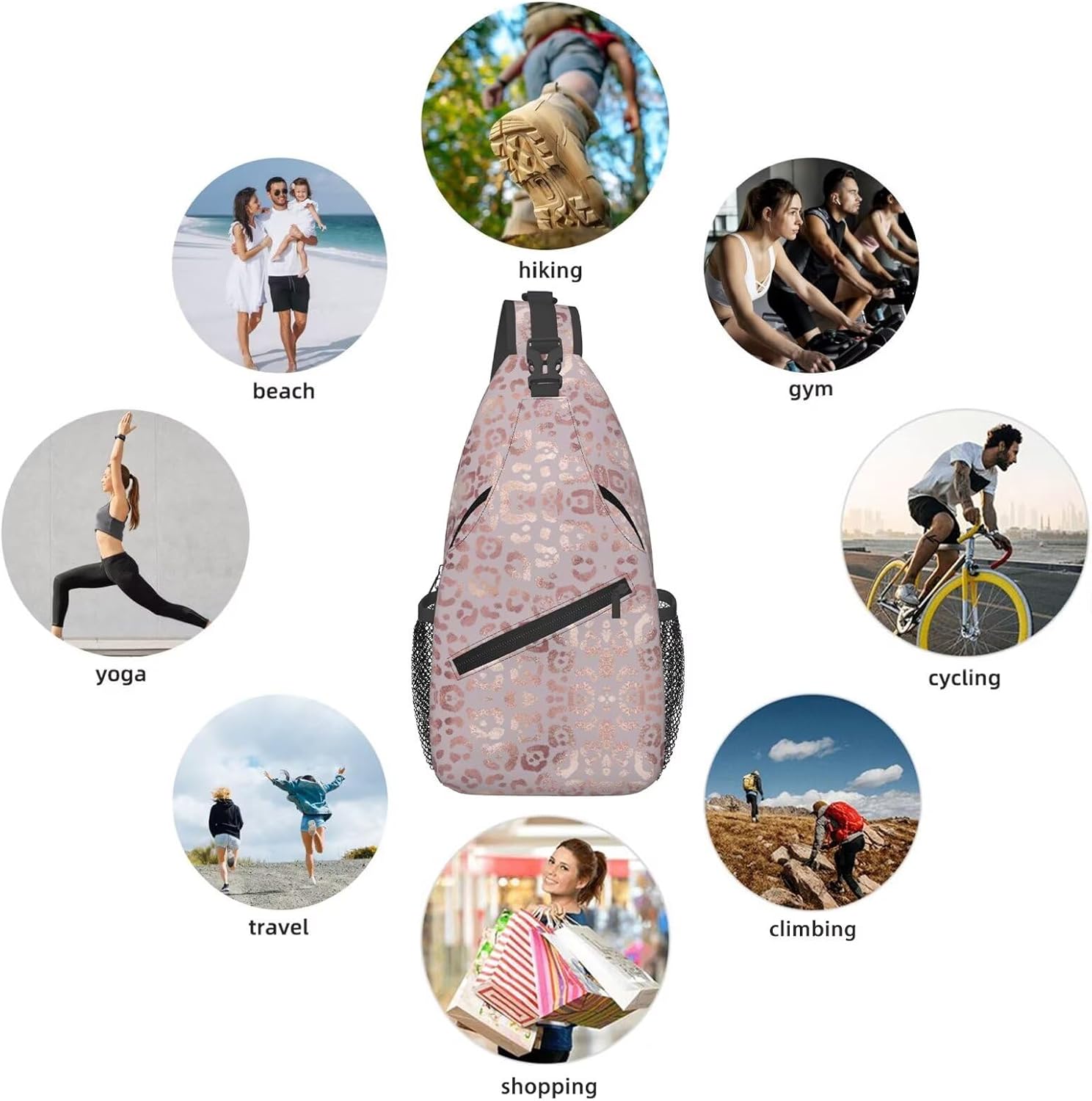 Rose Gold Leopard Print Crossbody Sling Bags Elegant Leopard Skin Texture Foil Effect Sling Backpack for Women Men Casual Shoulder Bag Cute Animal Fur Print Travel Gym Sports Hiking Daypack - Image 5