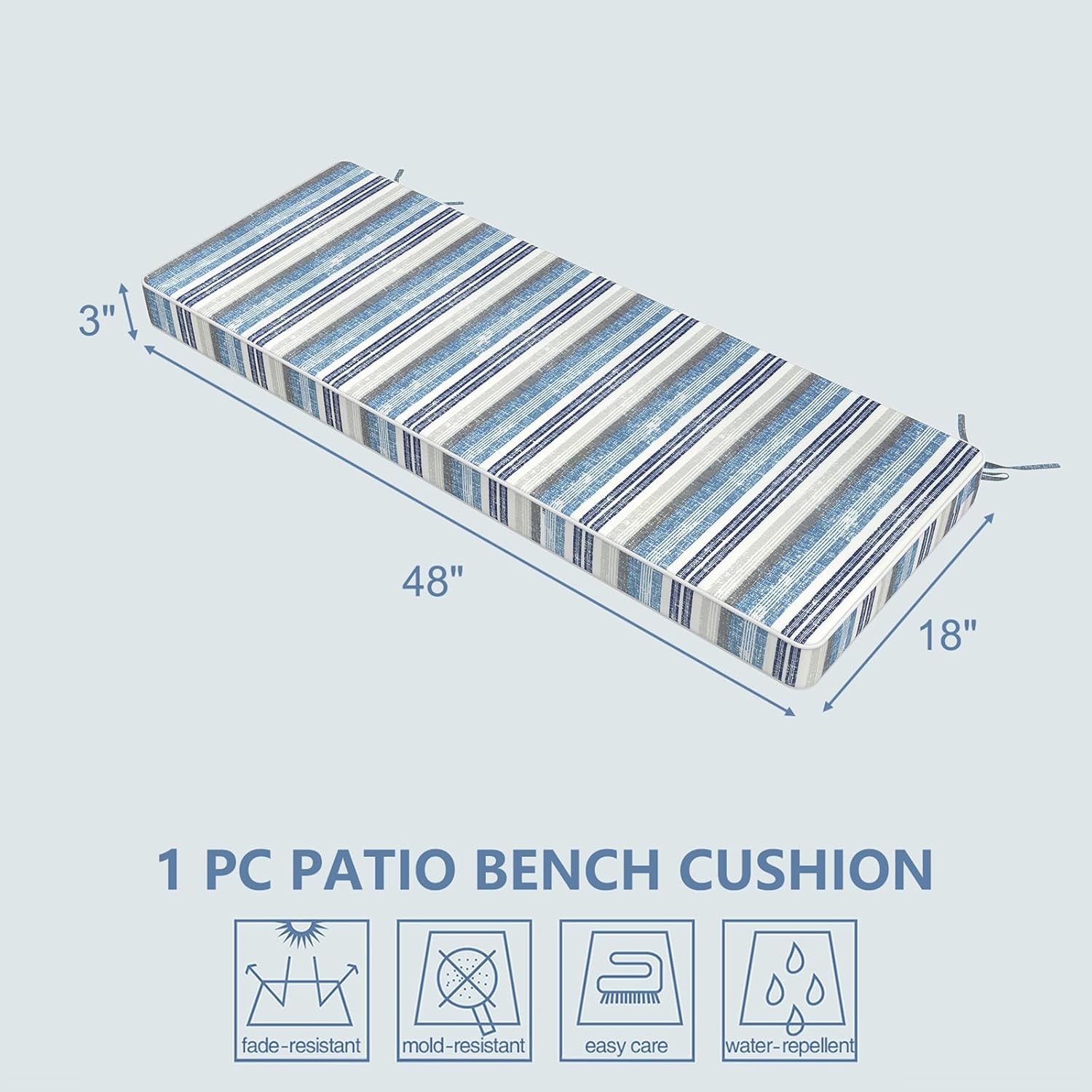 LVTXIII Bench Cushion with Ties, 48x18 Inch Water-Repellent Patio Furniture Cushion, 3" Thick Foam Pad for Outdoor Indoor Window Seat, Porch Swing, Loveseat, Stripe Layered Blue