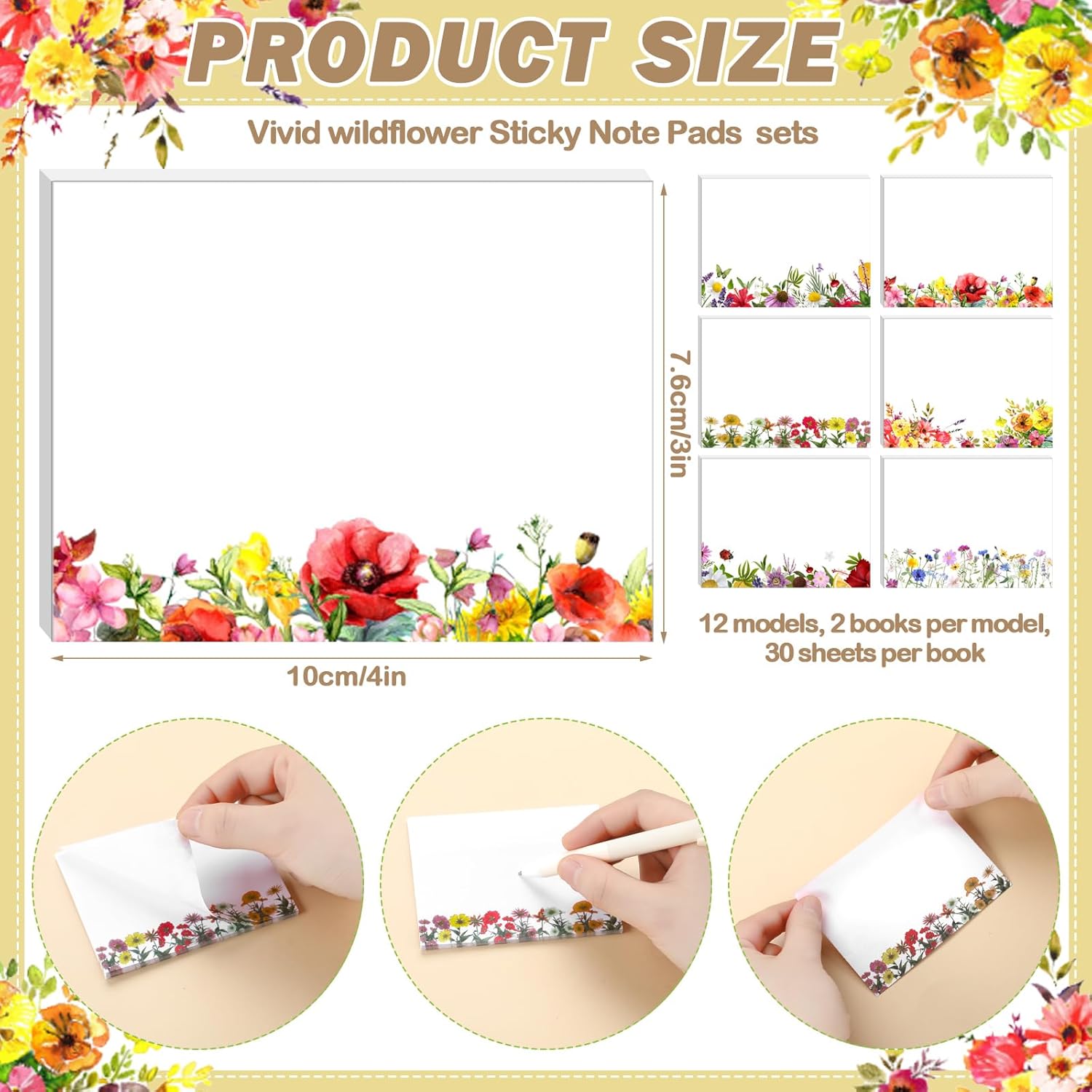 Janlaugh 12 Pads Wildflower Sticky Notes Summer Sticky Memo Pads Self Stick Flower Office Supplies Wildflower Party Favors Adhesive Notepad for Journal Gift 3 x 4 in - Image 2