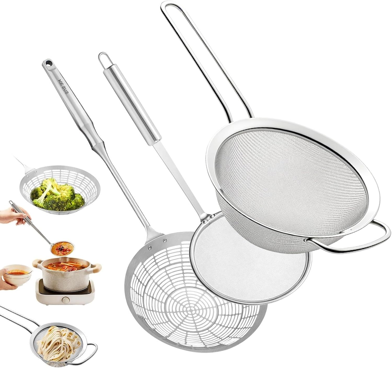 Multi Kitchen Utensil Stainless Steel Cooking Skimmer 100 mesh Drain Water Filter Spoon Ladle Spider Strainer Skimmer Ladle for Cooking &Frying(Set,Large)