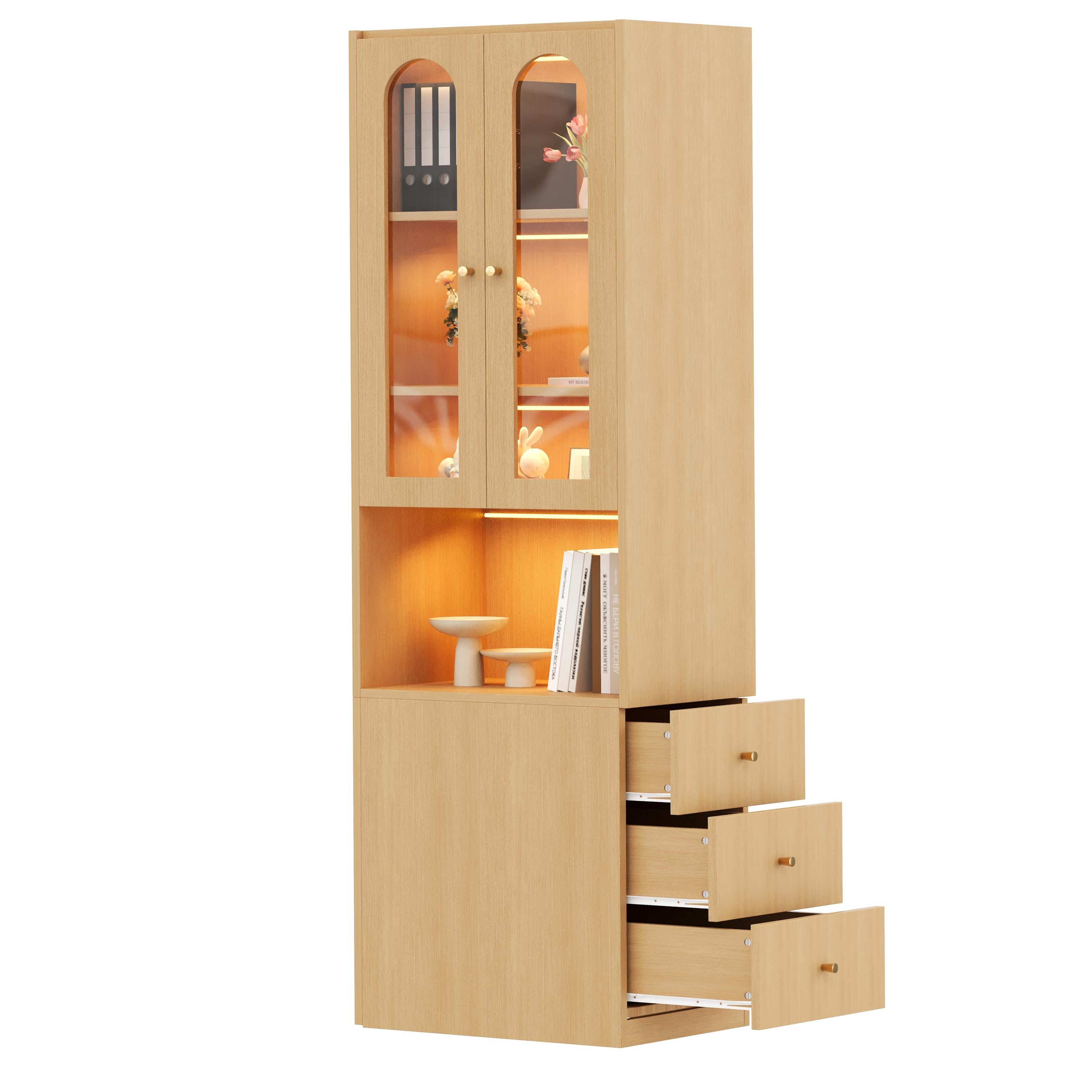 BTM Bücherschrank mit Glastüren, Vitrinenschrank mit LED & Schubladen Schmal Hochschrank Schrank Wohnzimmer, Holzoptik