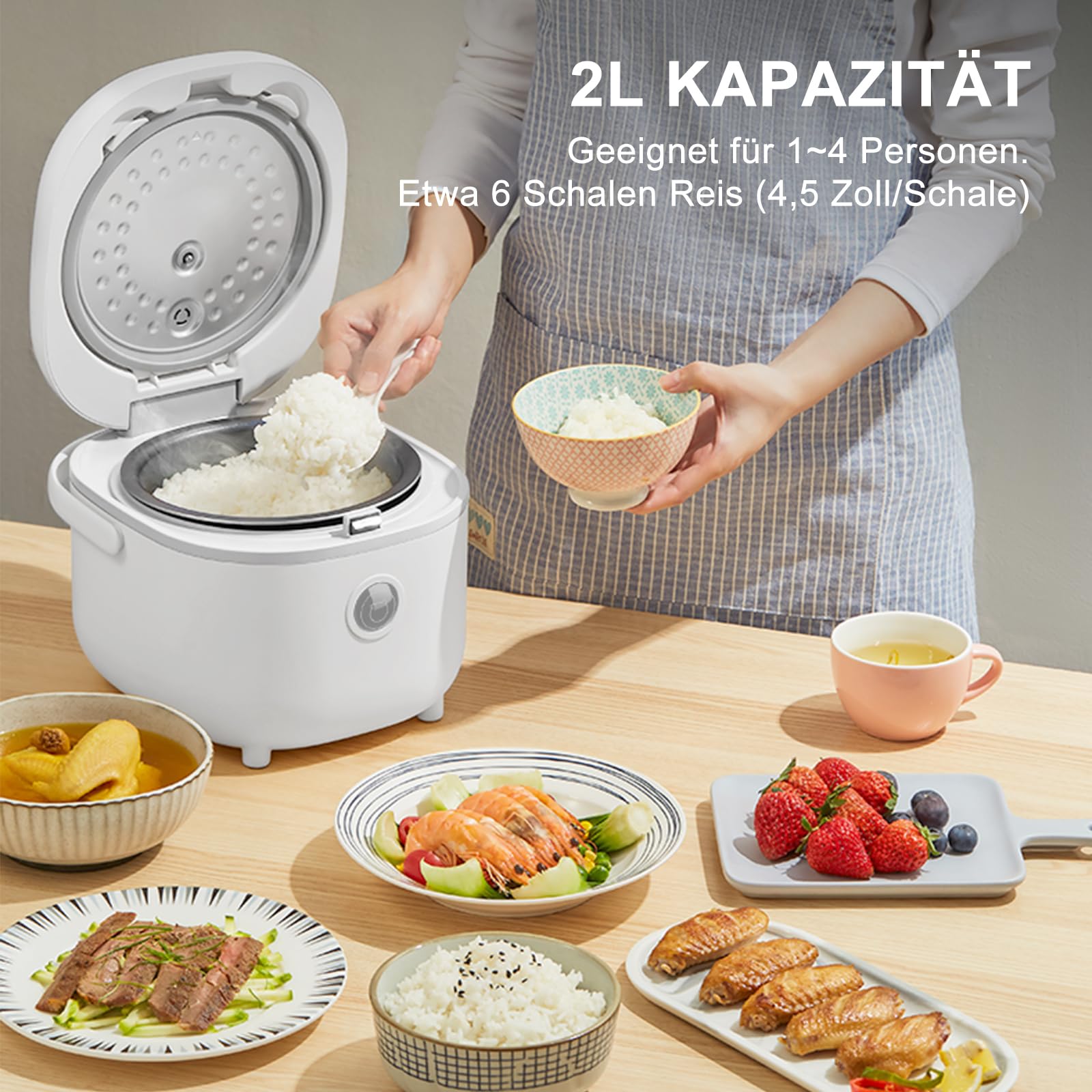 Bear Reiskocher 4 Tassen (ungekocht) mit Dampfgarer, Multifunktioneller 350W Elektrischer Rice Cooker Mini,6 Reiskochfunktionen für 2-4 Personen,Weiß
