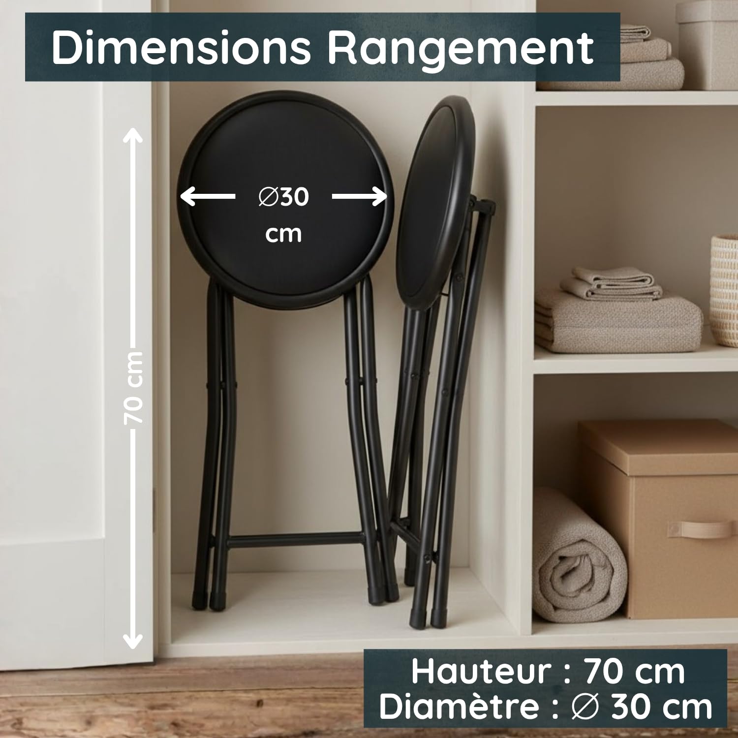 Tabouret Pliant Noir Lot de 2 – Structure Acier Robuste – Verrouillage Sécurisé – Idéal Cuisine Bureau Atelier