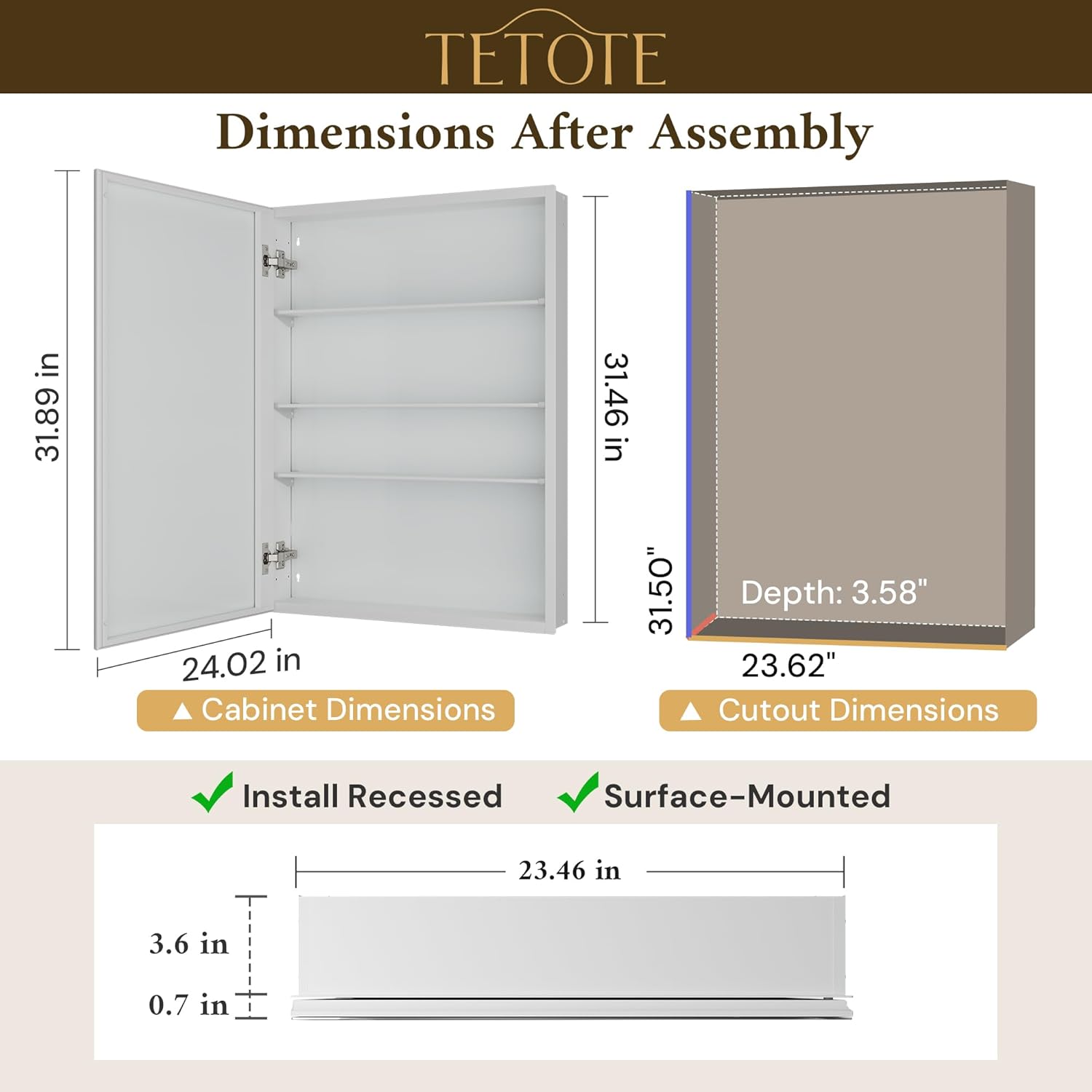 tetote 24 x 32 bathroom mirror with storage with tempered beveled mirror white medicine cabinet aluminum cabinet dtc hinges, stepless adjustable shelves, recessed/surface-mounted 32"l x 24"w white