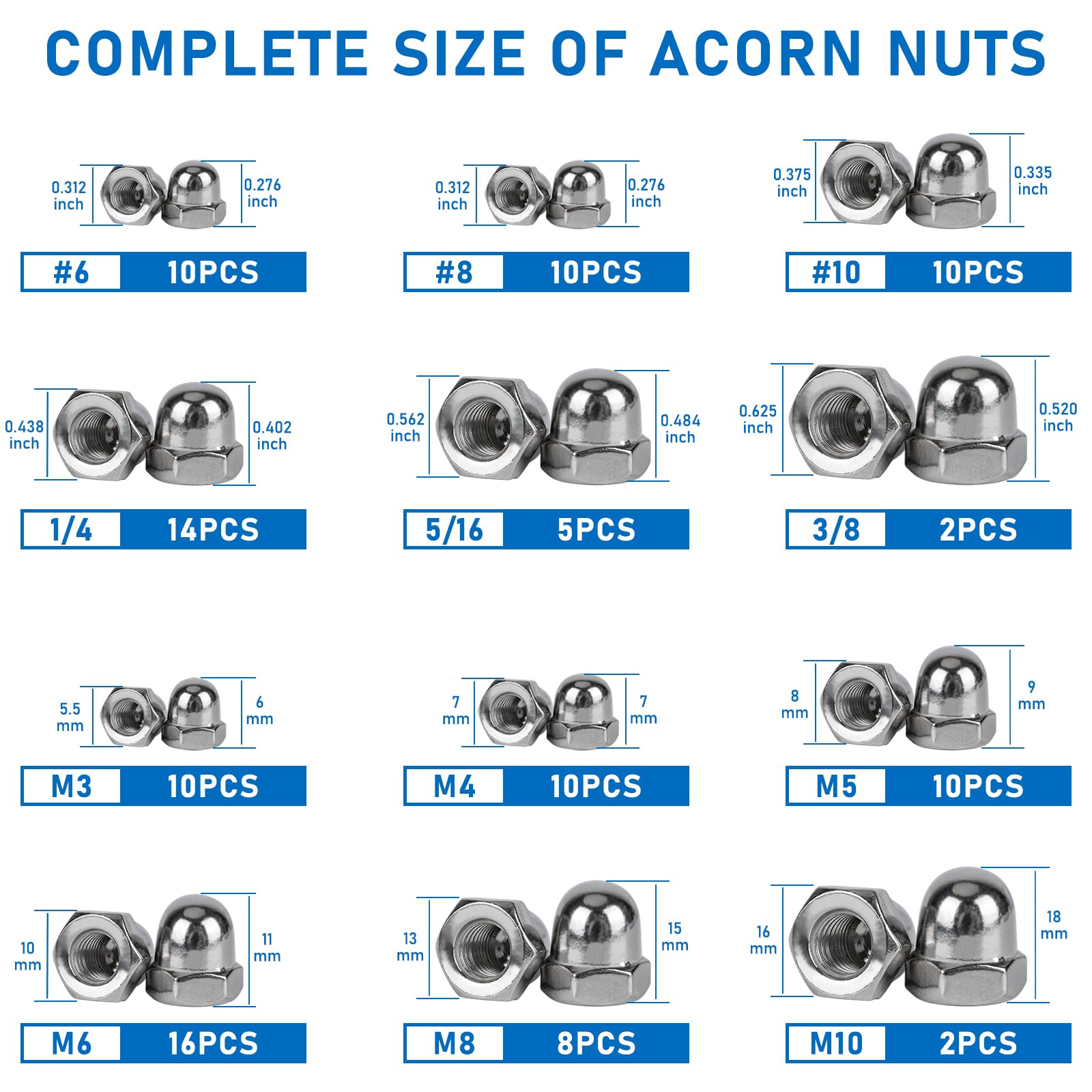 Stainless Steel Acorn Nuts - 107 Piece Set -2 Stainless Steel Acorn Nuts - 107 Piece Set -2