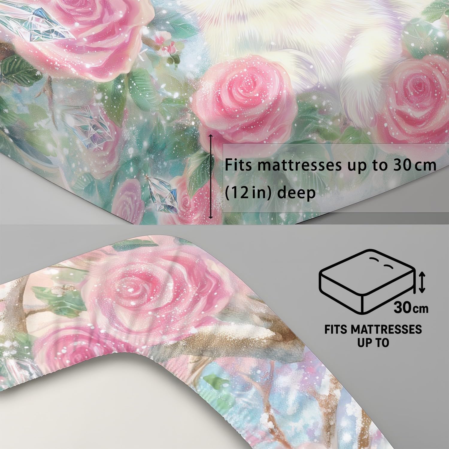 Juego de sábanas bajeras tamaño King de 30 cm de profundidad, diseño floral de rosas y gatos, microfibra cepillada suave, resistente a la decoloración, transpirable, 150 x 200 cm