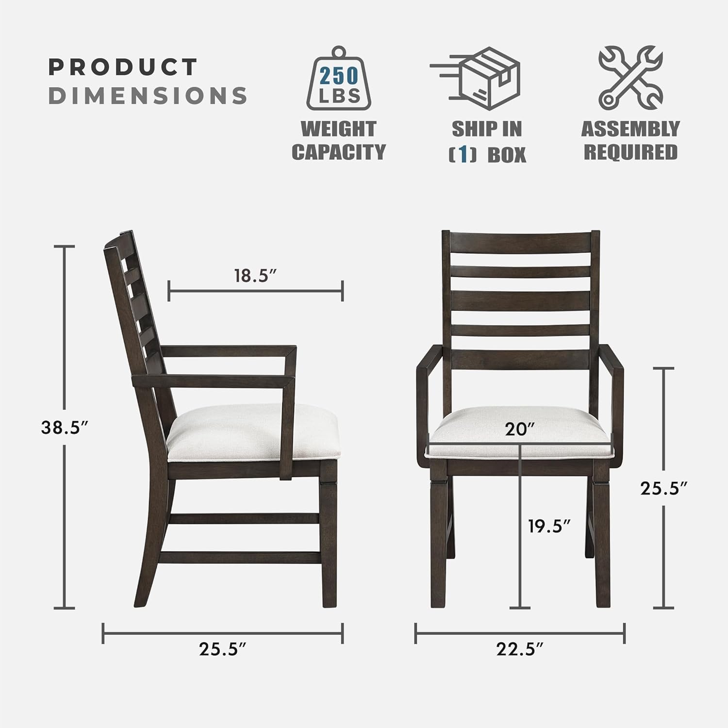 Lexicon Dining Arm Chairs Set of 2, Wood Frame and Beige Textured Fabric Upholstered Seat, Ladder Back, Accent Seating with Arms for Dining Room, Kitchen Table, Office, Easy Assembly, Dark Espresso