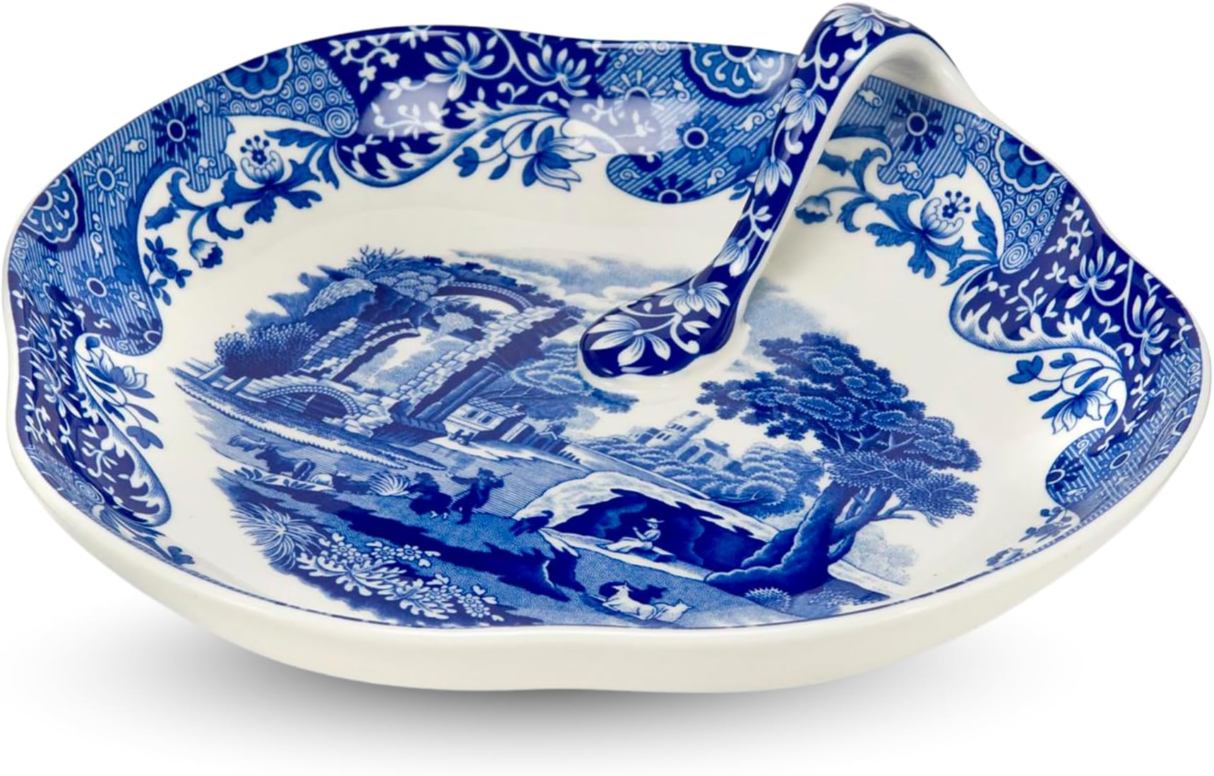 Blue Italian Handled Tray | Trinket Dish, Candy Bowl, Catch-All Key Plate, Snack Platter | Porcelain | Measures 8-Inches | Dishwasher Safe (Blue/White)