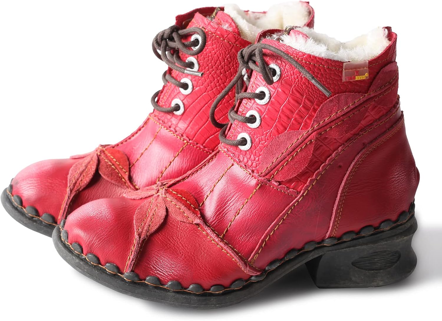 TMA EYES Textured Leather Patchwork Washed Leather Lace-Up Women's Ankle boots