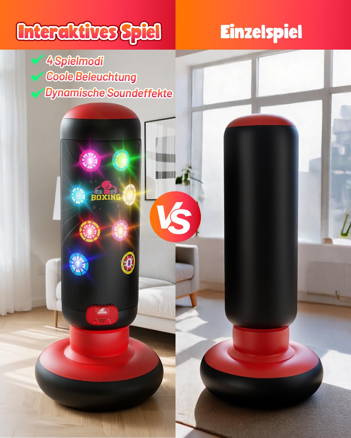 Saco de boxeo para niños, saco de boxeo de pie con música y luz, saco de boxeo interactivo, saco de boxeo hinchable con guante de boxeo, regalos para 6, 7, 8, 9, 10, 11, 12 años, niños, 2026