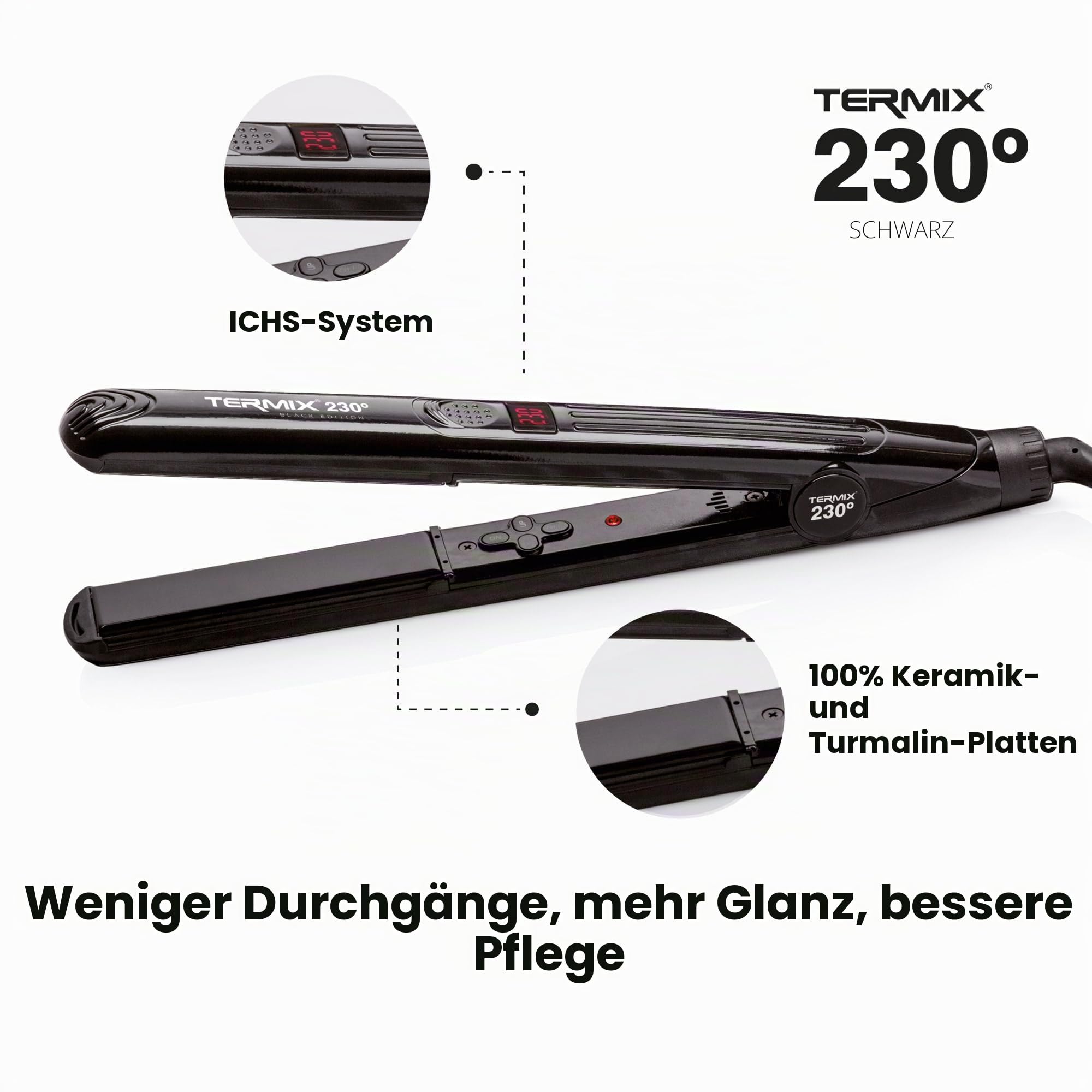 Termix 230º-Glätteisen in der schwarzen Edition. Glätteisen mit Keramikplattentechnologie. Digitales Temperaturregulierungssystem. Infrarotsystem. Nanotechnologie. Reduziert Frizz und hält das Haar länger weich.