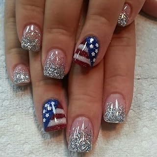 Independence Day Press on Nails Short Square American Flag Fake Nails Red White Stripes Silver Glitter Powder Design Patriotic False Nail 4th July Full Cove Acrylic Press Ons Stick on Nail for Women