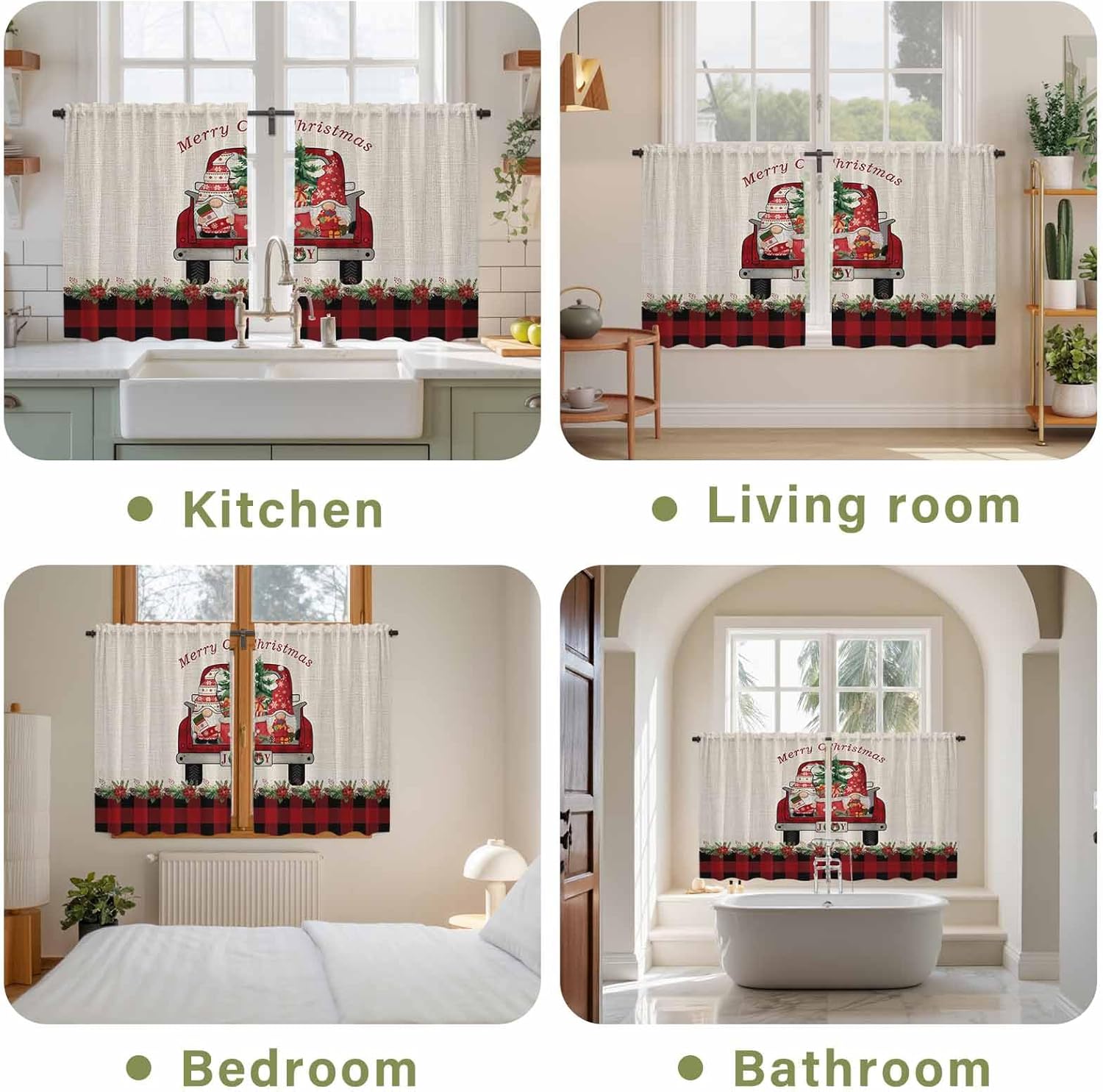 Christmas Truck Gnomes Kitchen Tier Curtains 45 Inch Long 2 Panel Set,Rod Pocket Short Window Treatment,Red Black Plaid Xmas Tree Burlap Curtains & Drapes for Bathroom Basement 27.5"W x 45"L
