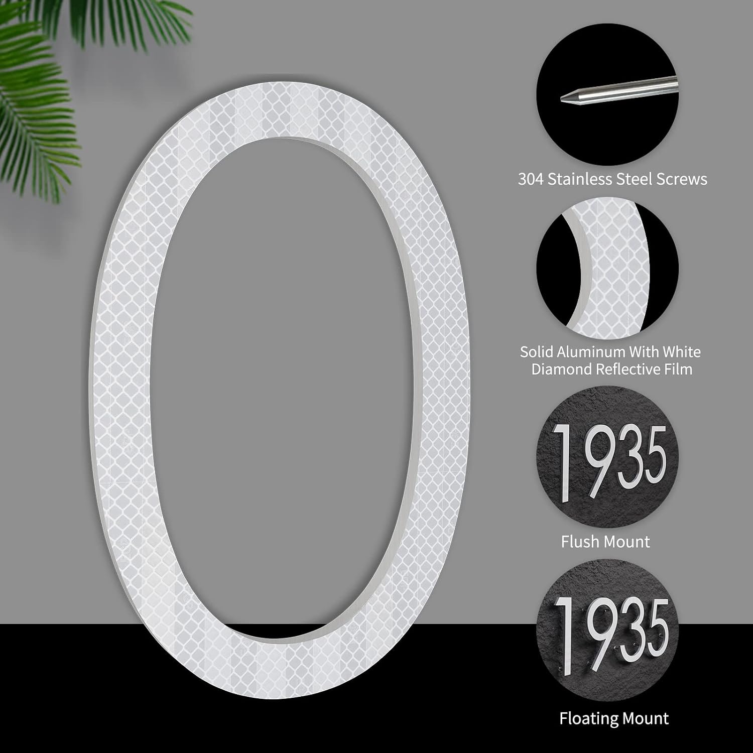 8 Inch Reflective Modern House Numbers For Outside, Large Black House Numbers For Houses Street Metal Floating house numbers for outside Floating Mount Or Flush Mount Aluminum Home Villa Door Number 0