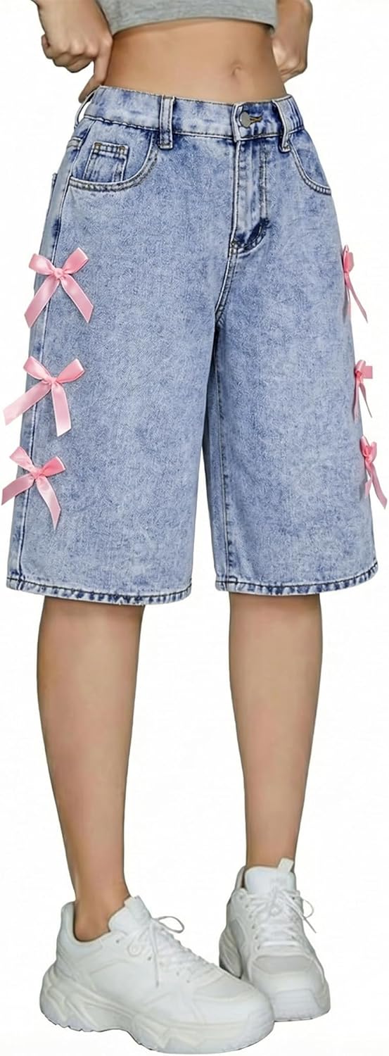Girls Jean Shorts Baggy Straight Leg Bermuda Denim Shorts Jorts Elastic Waist Cute Bow Summer Y2K Streetwear 13Y-16Y