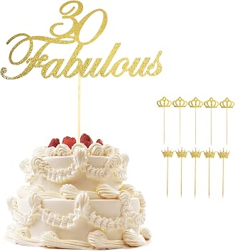 MoHern Gold 30 & Fabulous Cake Toppers, with 10 PCS King & Queen Crowns, 30 Cake Topper for Happy 30th Birthday, Cheers to 30th Birthday, 30th Birthday Cake Topper for Party Cake Decorating Supplies...