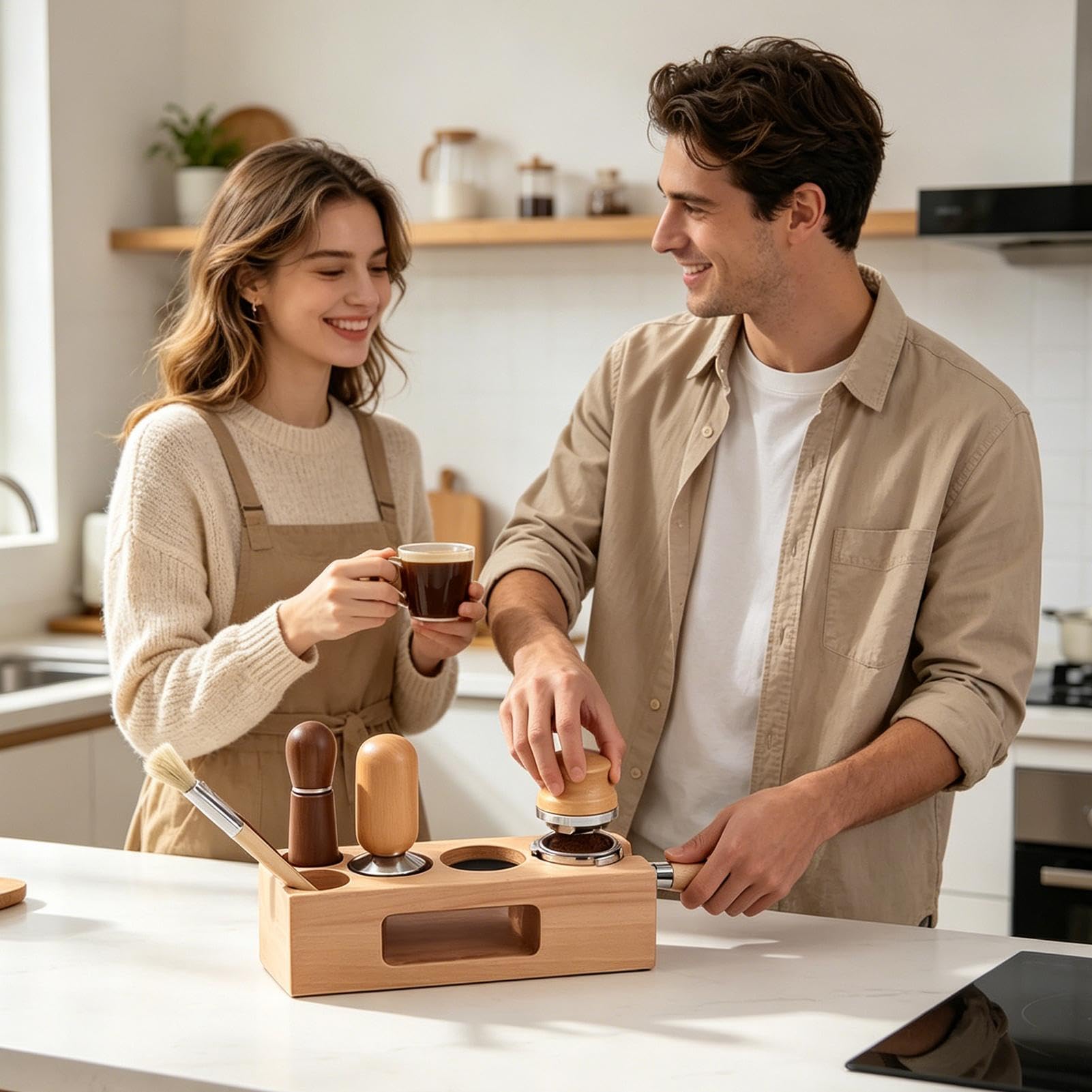 Espresso Station de en bois – Organisateur d'espresso multifonctionnel – Support de rangement pour tamper à café – Pour une utilisation sur plan de travail, salle à manger, magasin, bar