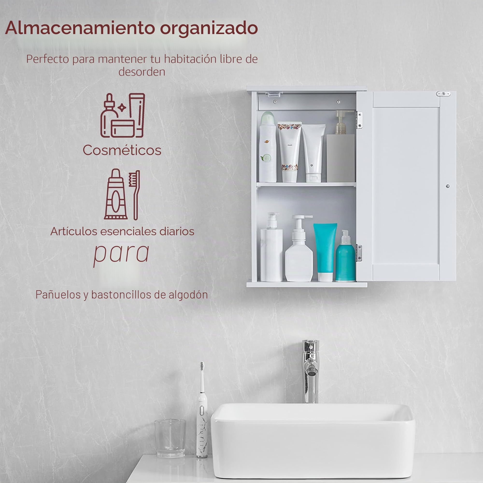 Home Discount - Armario de baño con un estante de almacenamiento montado en la pared, color blanco, modelo Priano.