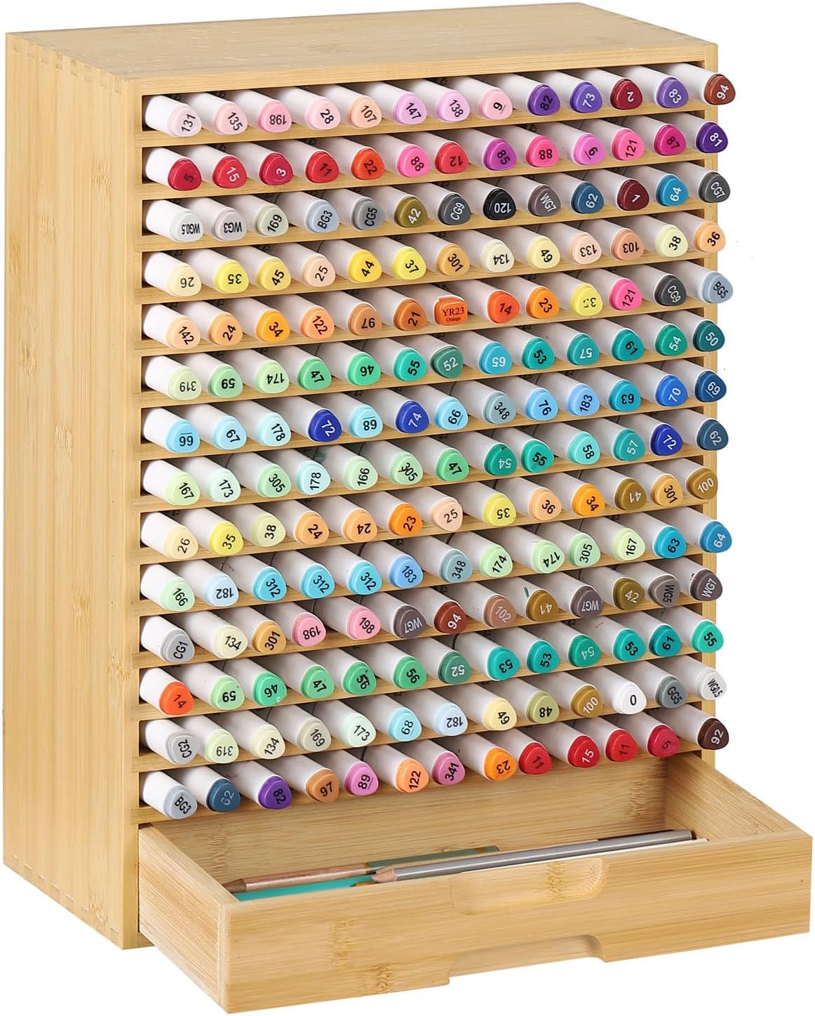 AUTOARK Natural Bamboo Marker Organizer with Drawer,182 Slots,Large Art Supply Storage for Artists,Teachers,Students - No Assembly Sturdy Desk Organizer for Classroom Office Decor,AHK-065