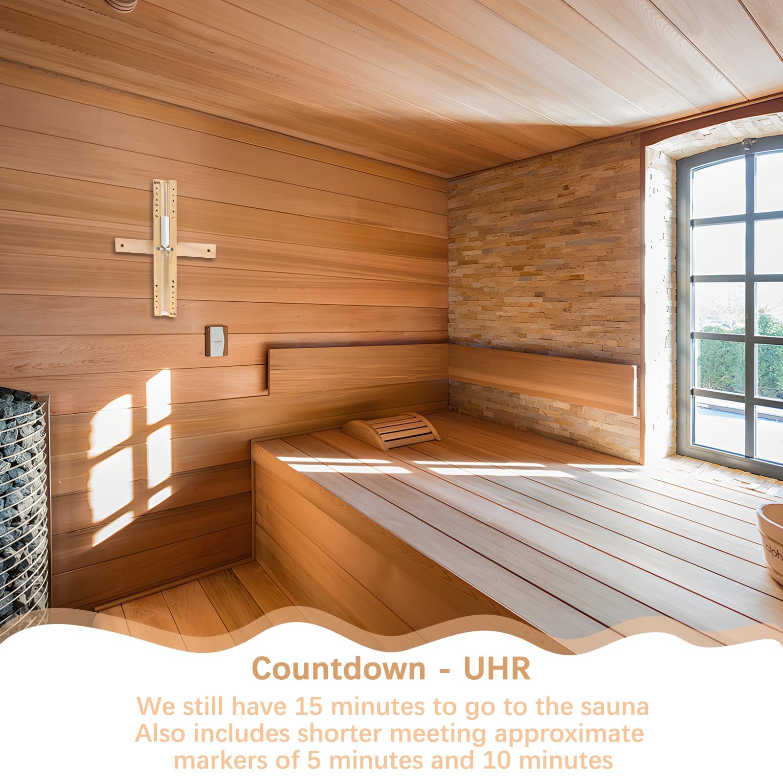 Sablier pour Sauna 15 Minutes en Bois Naturel - Minuterie de Sauna Analogique, Montage Mural avec Vis en Acier Inoxydable, Accessoire de Sauna Rotatif et Résistant à la Chaleur, Idéal pour Relaxation