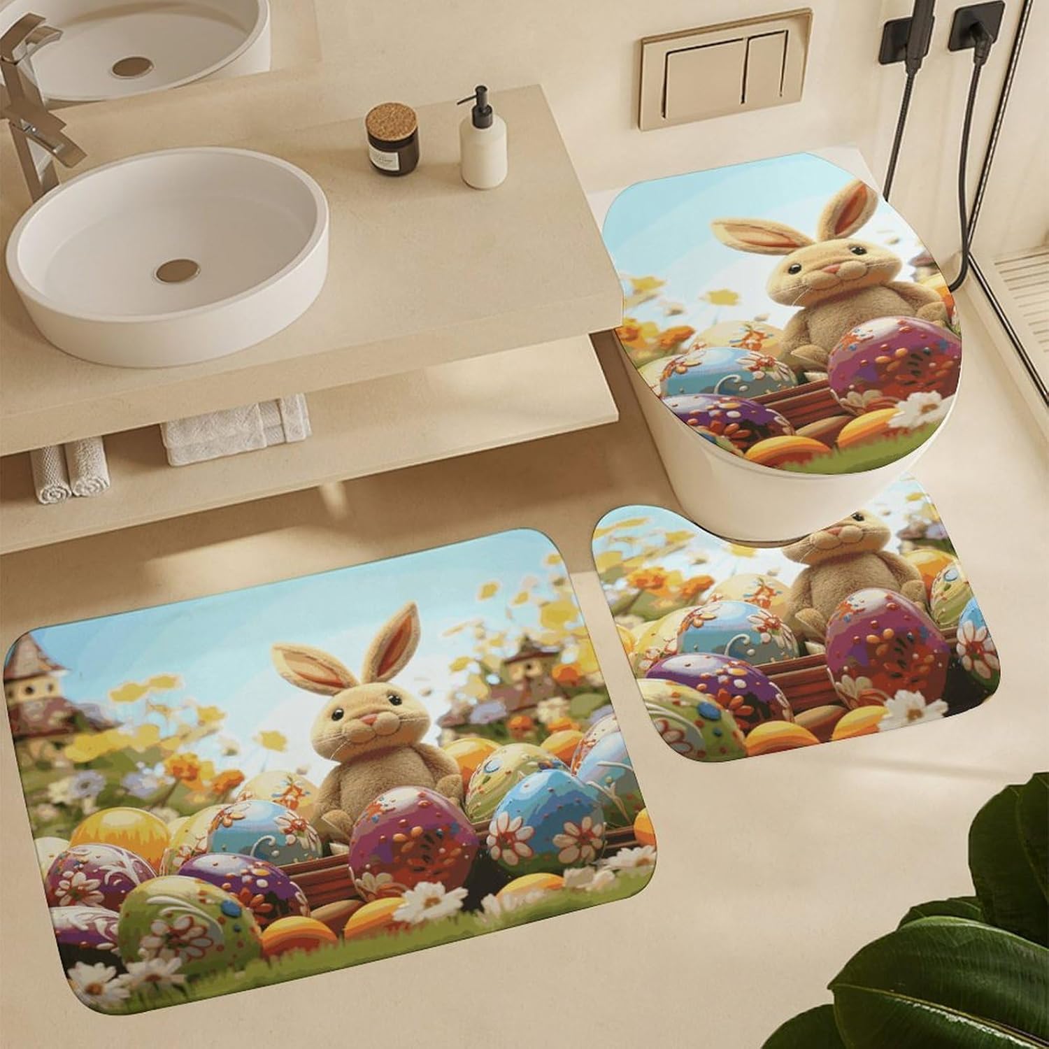 Easter Colorful Eggs 4Pcs Shower Curtain Set with Non-Slip Rugs, Toilet Lid Cover and Bath Mat,Bathroom Set Decor Accessories,Curtain Set with 12 Hooks, 72 X 72 Inch