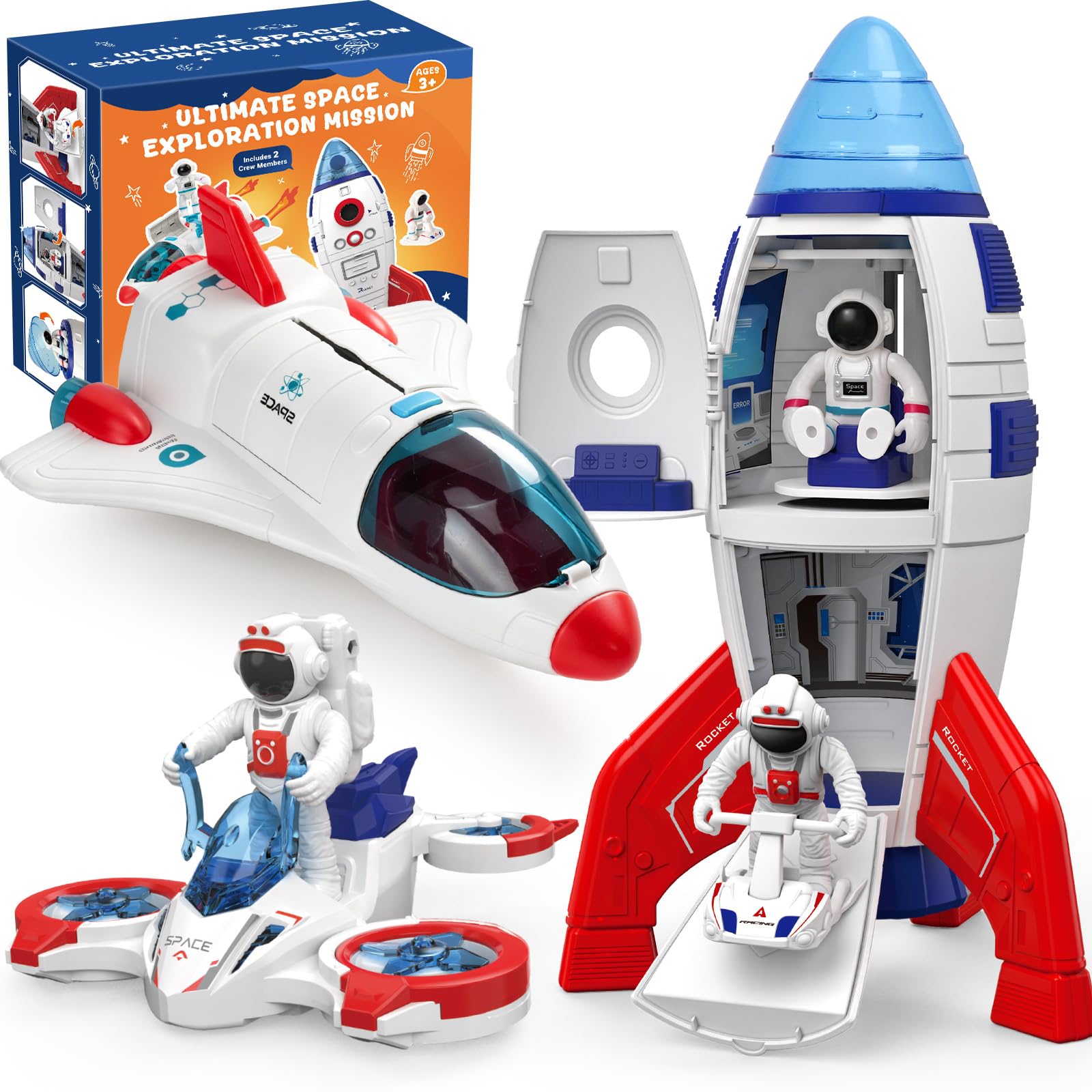 Space Rocket and Shuttle Toy Set for Kids with 2 Astronaut Figures | 8PCS Space Toy Set, Light-up Space Rocket Shuttle with Sounds, Moving Rocket Elevator, Rolling Rover for Kid Ages 3-7