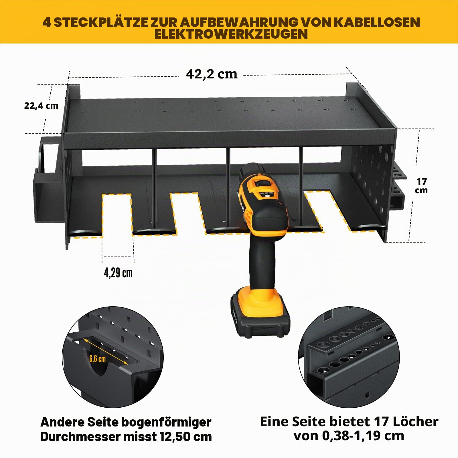 Werkzeugspeicher Wandhalterung Akku Schlagbohrschrauber 4 Steckplätze Heavyduty Elektrisch Bohrer Wandmontage Aufbewahrungsregal