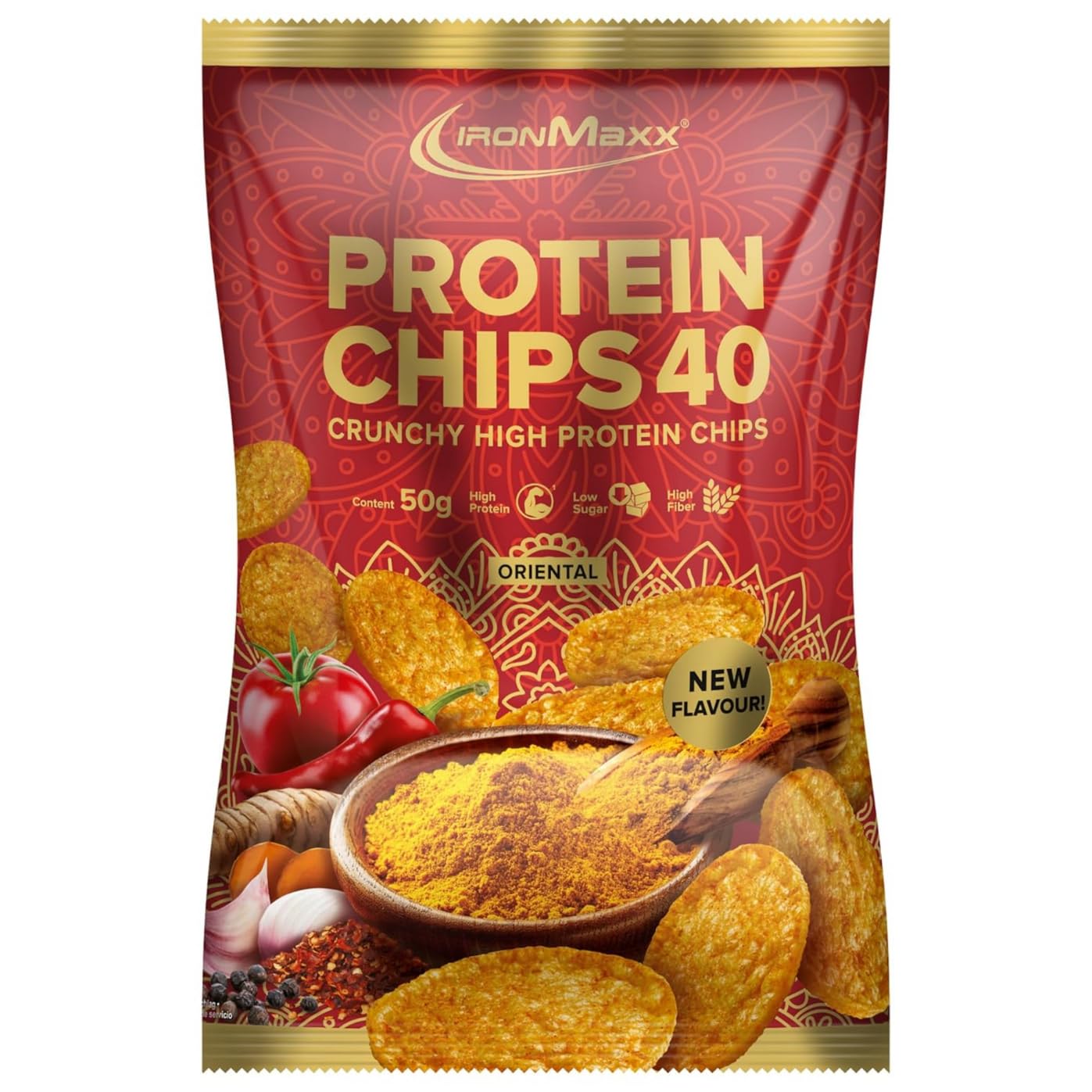 IronMaxx Protein Chips 40 - Oriental 50g | gebackene High Protein Chips, Low Carb und Glutenfrei | in vielen Geschmacksrichtungen erhältlich
