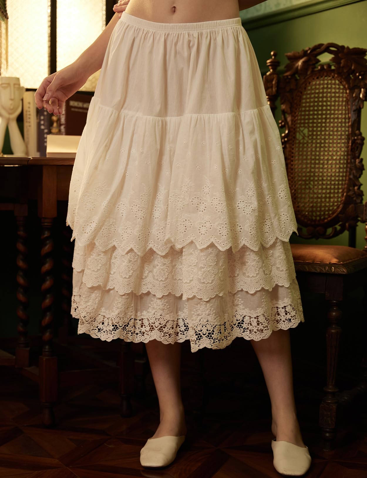 BEAUTELICATE Enaguas para Vestidos Larga 100% Algodón Antiestática Combinación para Falda Antideslizante Cintura Elástica Falda Marfil con Encaje Dobladillo
