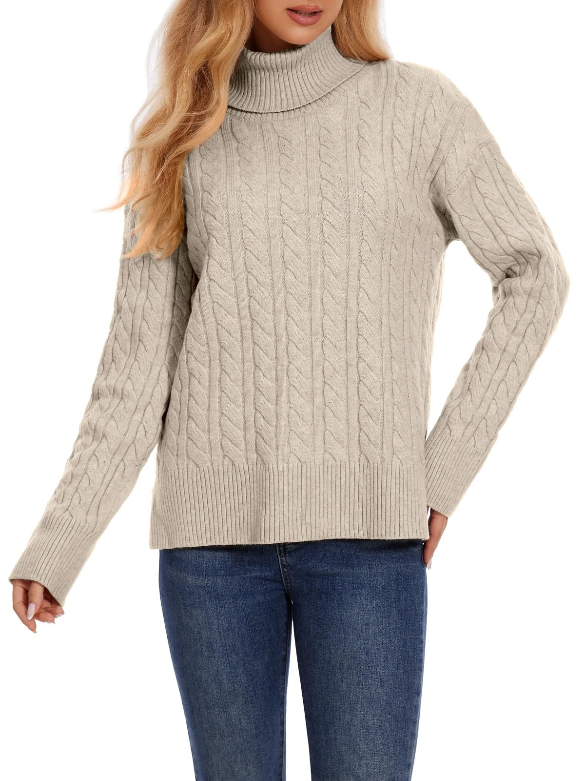 ZANZEA Turtleneck Sweater Women Long Sleeve Oversized Pullover Spilt Hem Chunky Cable Knit Jumper Fall Sweaters 2025