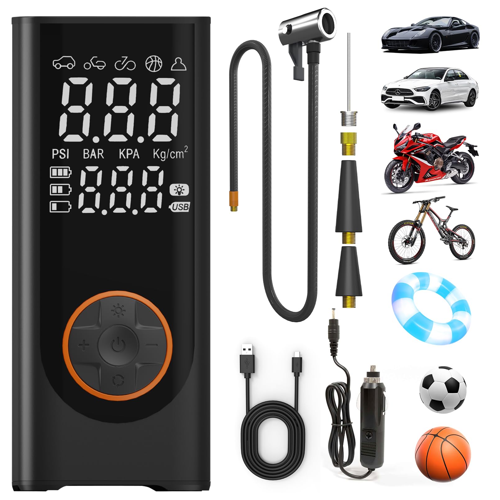Piwaal Dual-Power Portable Air Compressor, Cordless Tire Inflator with Dual Display & Preset Function, 150PSI Auto Shut Off Pump for Car Tires, Motorcycle, Bike, Balls & Sports Equipment