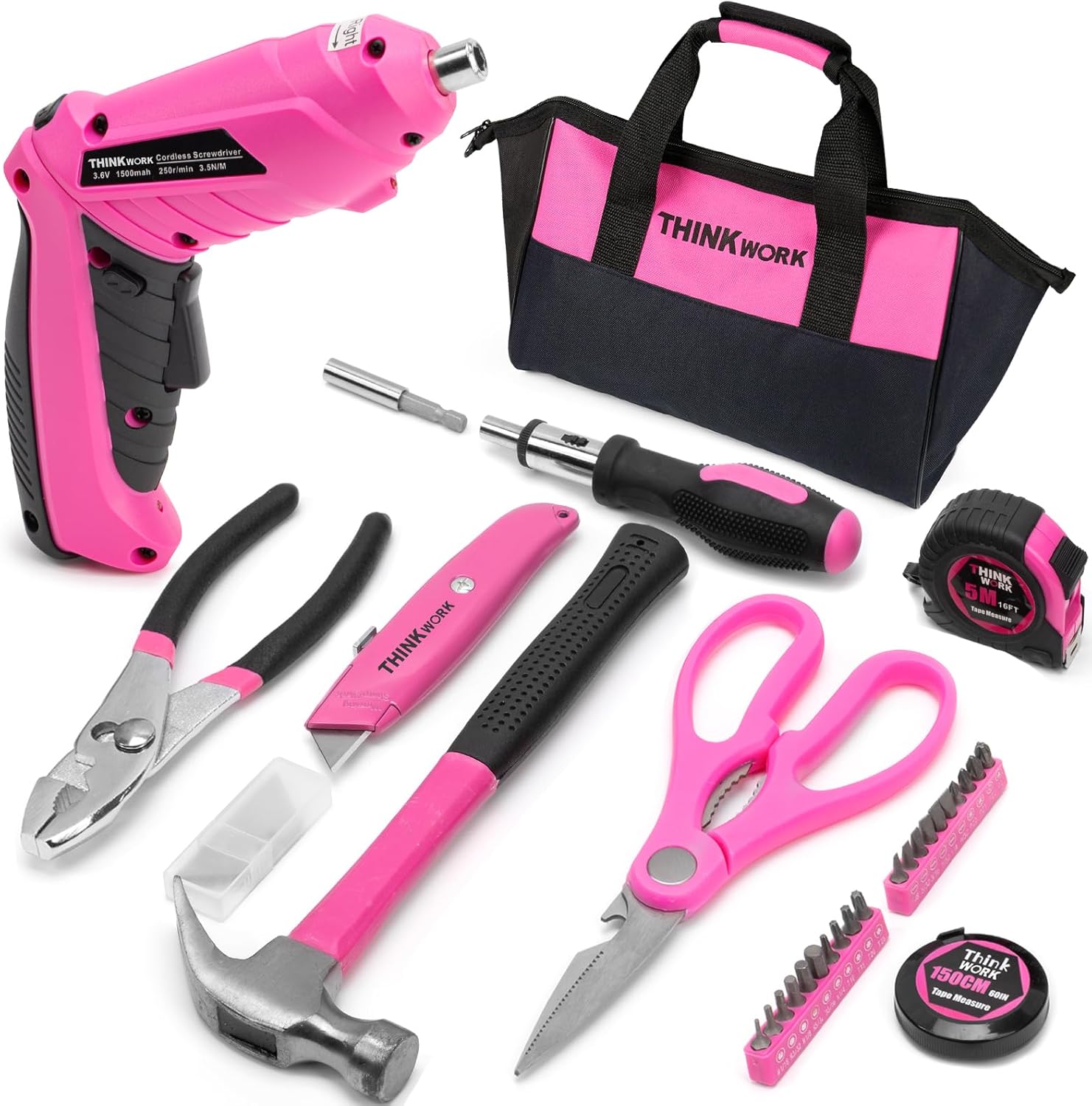 THINKWORK 41 Piece Pink Tool Set - Lady's Hand Tool Set with 3.6V Rotatable Electric Screwdriver, Home Repairing Tool Kit for Women with Large Mouth Open Tool Bag, Perfect for Home DIY, Daily Use