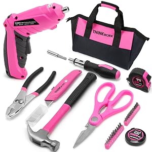THINKWORK 41 Piece Pink Tool Set - Ladys Hand Tool Set with 3 6V Rotatable Electric Screwdriver Home