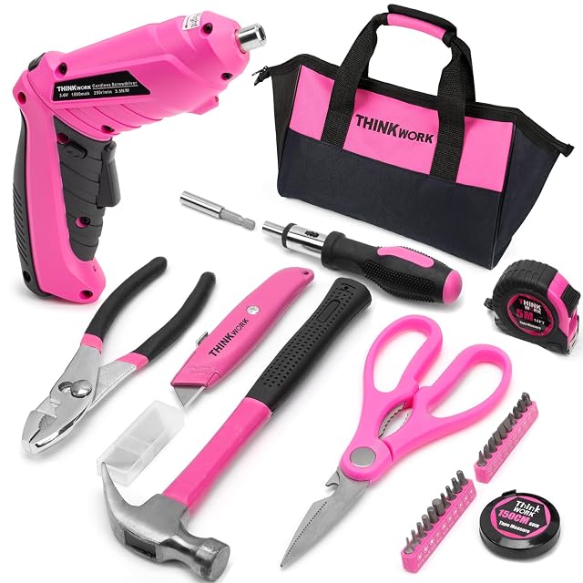 THINKWORK 41 Piece Pink Tool Set - Ladys Hand Tool Set with 3 6V Rotatable Electric Screwdriver Home