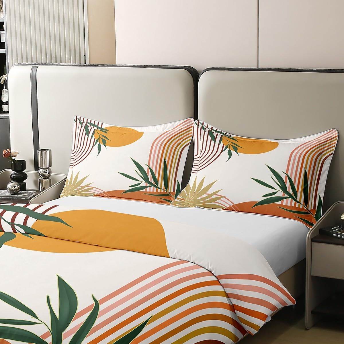 Erosebridal Geometric Leaves 100% Cotton Duvet Cover Queen for Kids Teens Adults,Mid Century Orange Comforter Cover,Botanical Minimalist Bedding Set,Abstract Modern Bed Set 2 Pillow Shams Soft