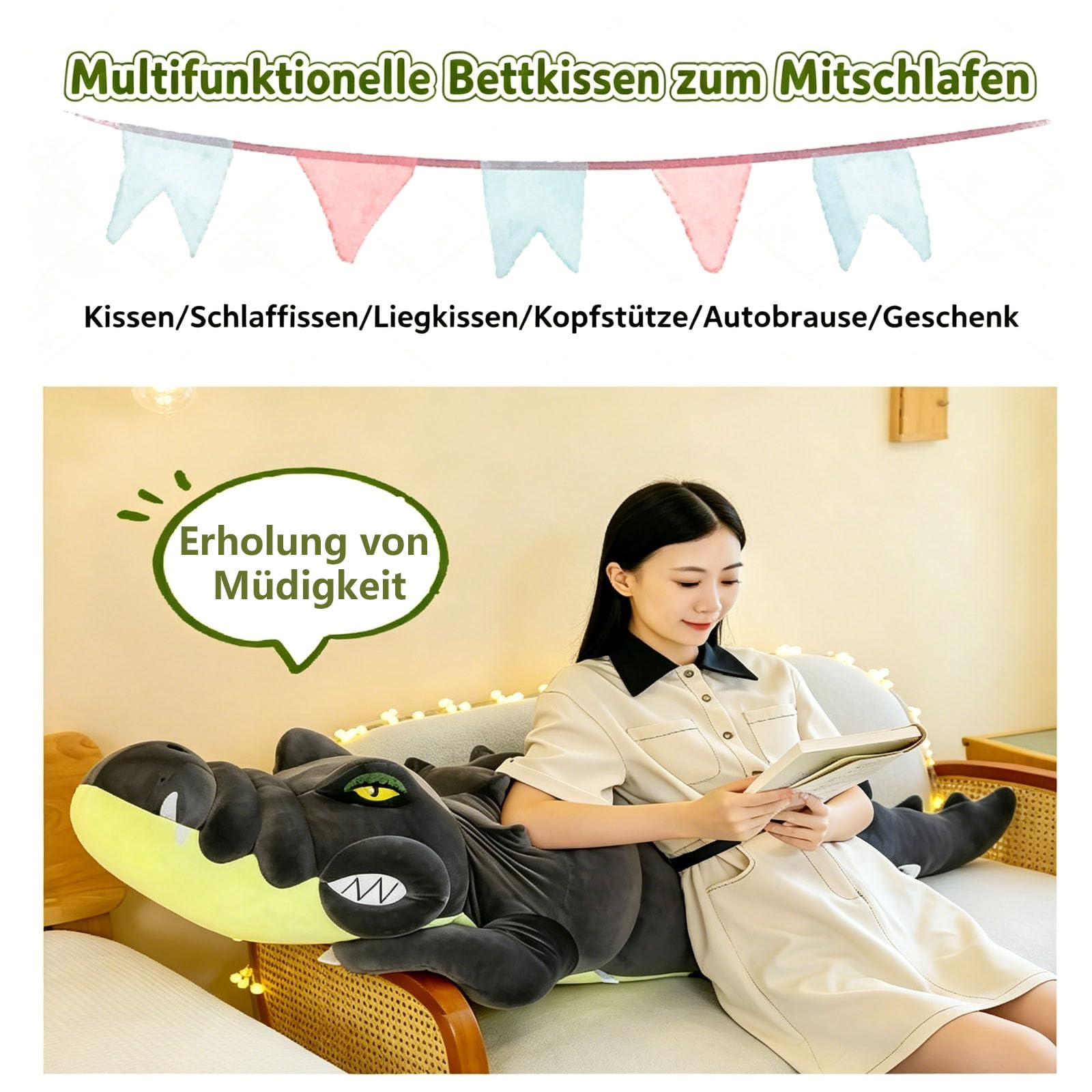 Kuscheltier Krokodil Plüschtier Alligator, Riesen Krokodilkissen Plüsch Stofftier, Kawaii Krokodil Spielzeug Kissen, Lustige Alligatoren-Plüschtiere Geschenk für Jungen und Mädchen (150cm,Grau)