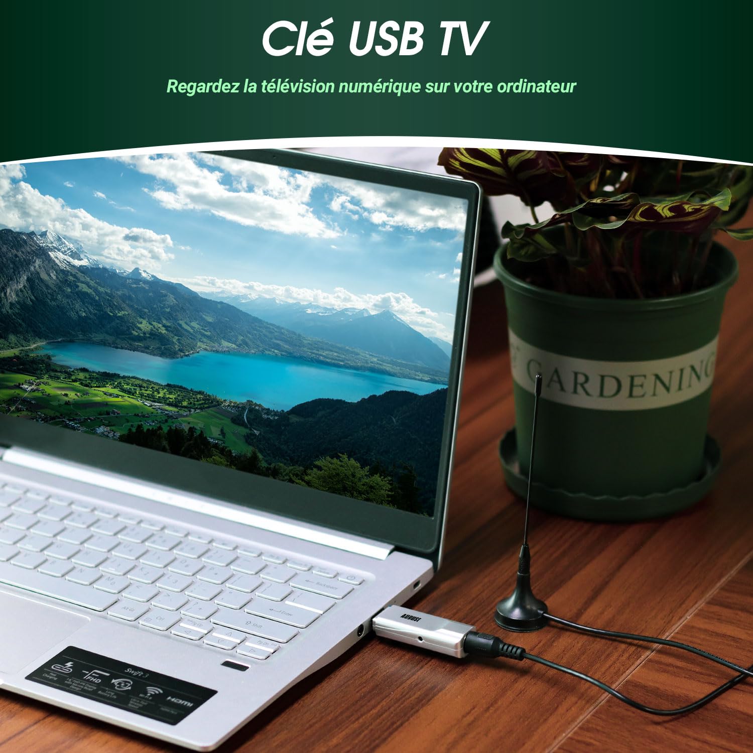August DVB-T210 - Récepteur TNT USB - Décodeur TNT avec Enregistreur et Antenne, Numérique Terrestre Mini Télévision sur PC DVB-T2 MPEG4 Compatible France Belgique Windows 11 Home/Pro/10/8/7