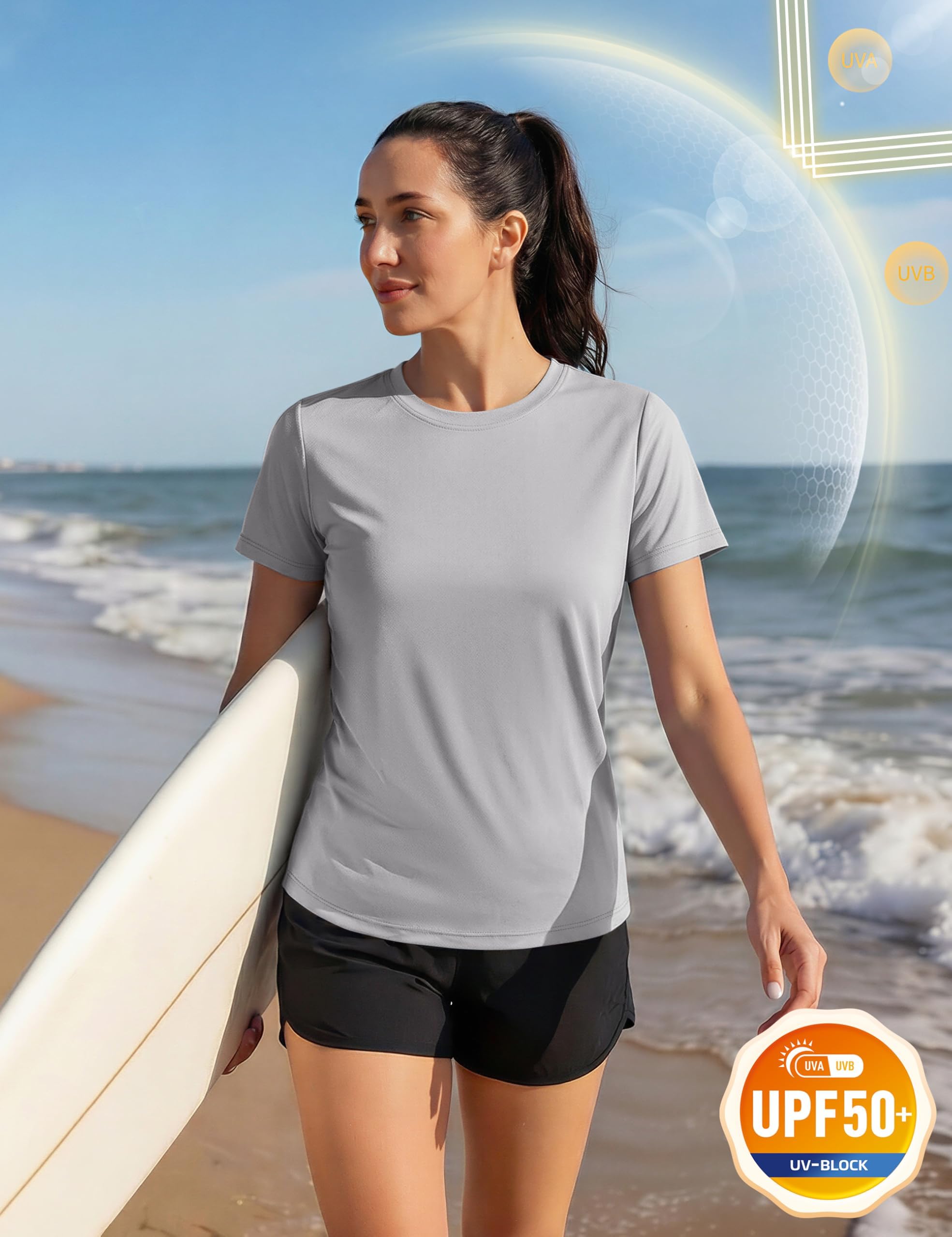 TACVASEN Maglietta Donna UPF 50+ Monocromatica Corsa Asciugatura Rapida Sportiva Maniche Corte (L, Grigio Chiaro)