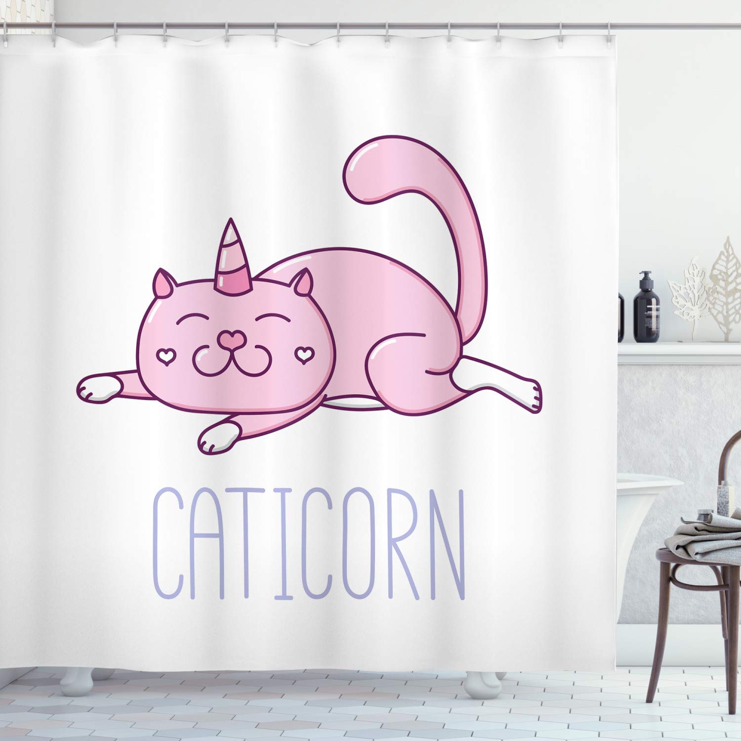 ABAKUHAUS Unicorn Cat Shower Curtain, Pink Cat a Horn and Funny Expression Lying Caticorn Cartoon Mascot