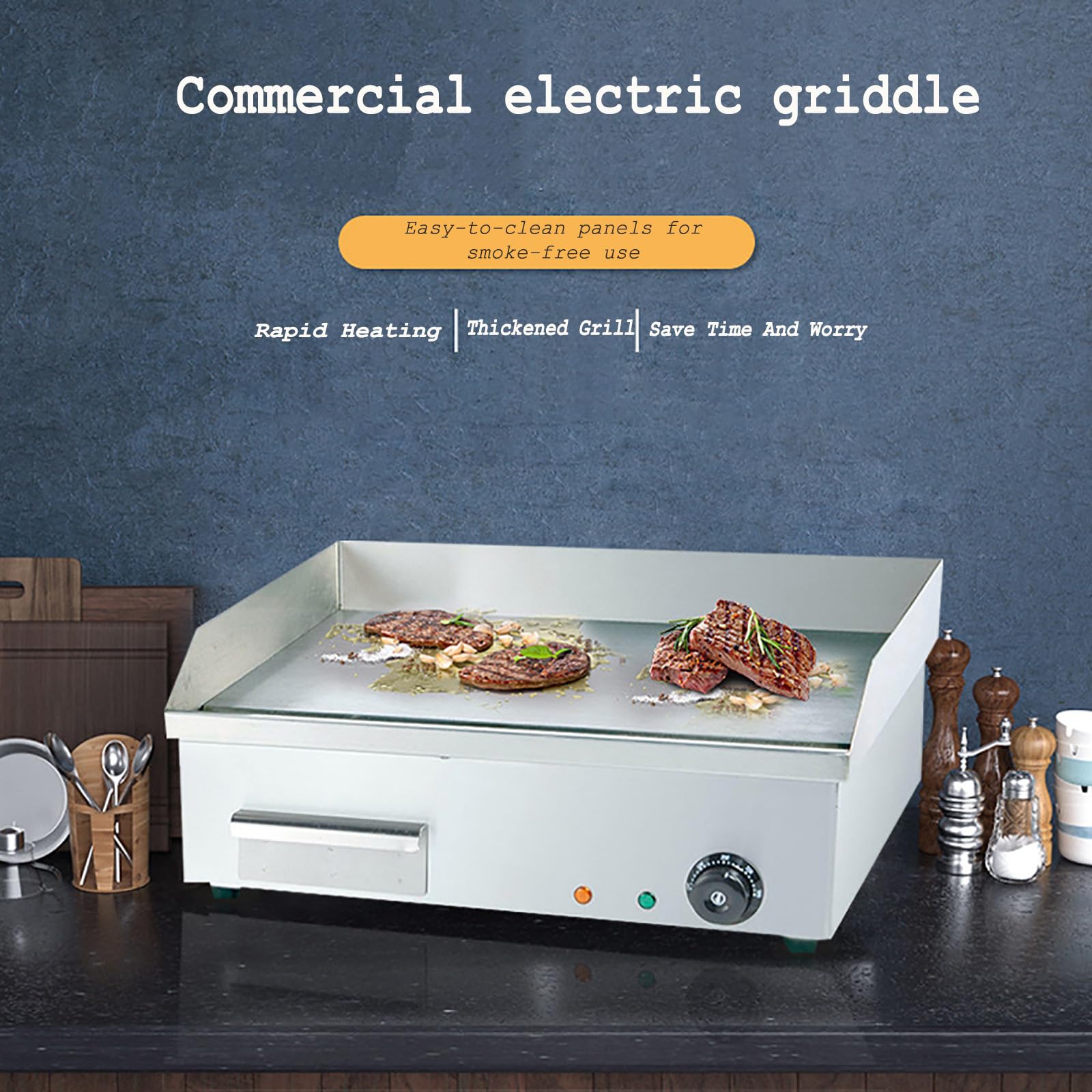 Piastra elettrica da banco Commerciale da 1500 W, Piastra in Acciaio Inox, Piastra Calda per Barbecue, Piastra Antiaderente, Grande, per ristoranti, bistecche e Pancake.