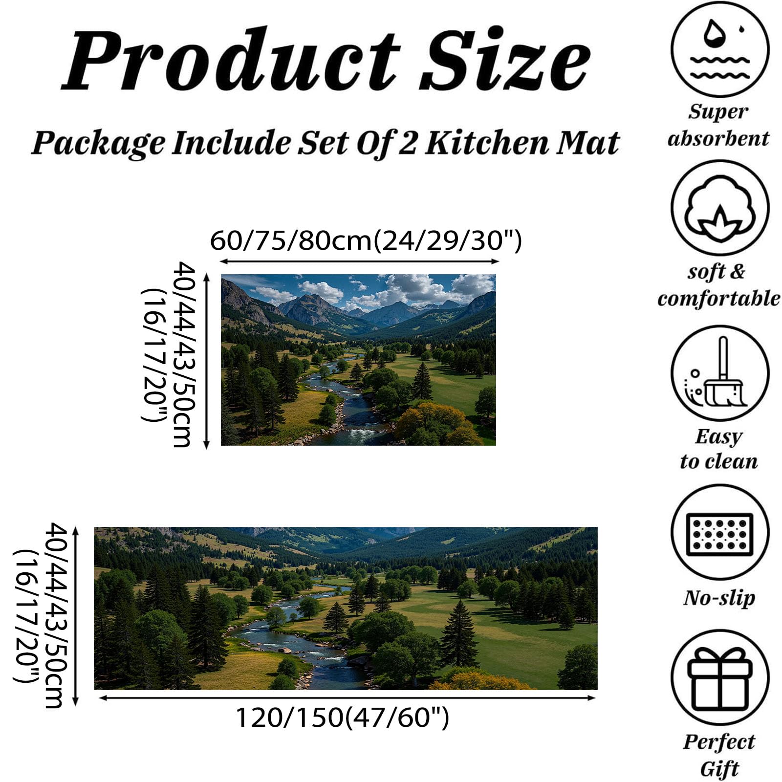 Tapis Cuisine Antiderapant Lavable Lot De 2 Parc Forestier Naturel, Tapis Anti-Fatigue Design Paysage Montagne Vert Foncé pour Couloir Salle À Manger Entrée